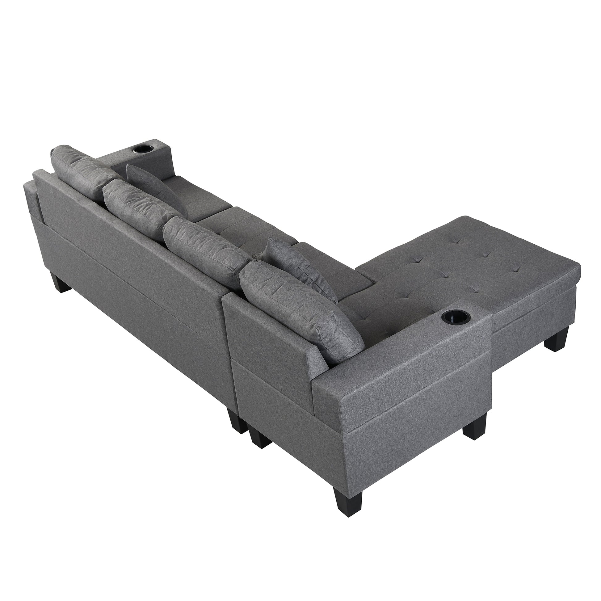 Grey fabric sectional sofa with builtin cup holders for living room comfort