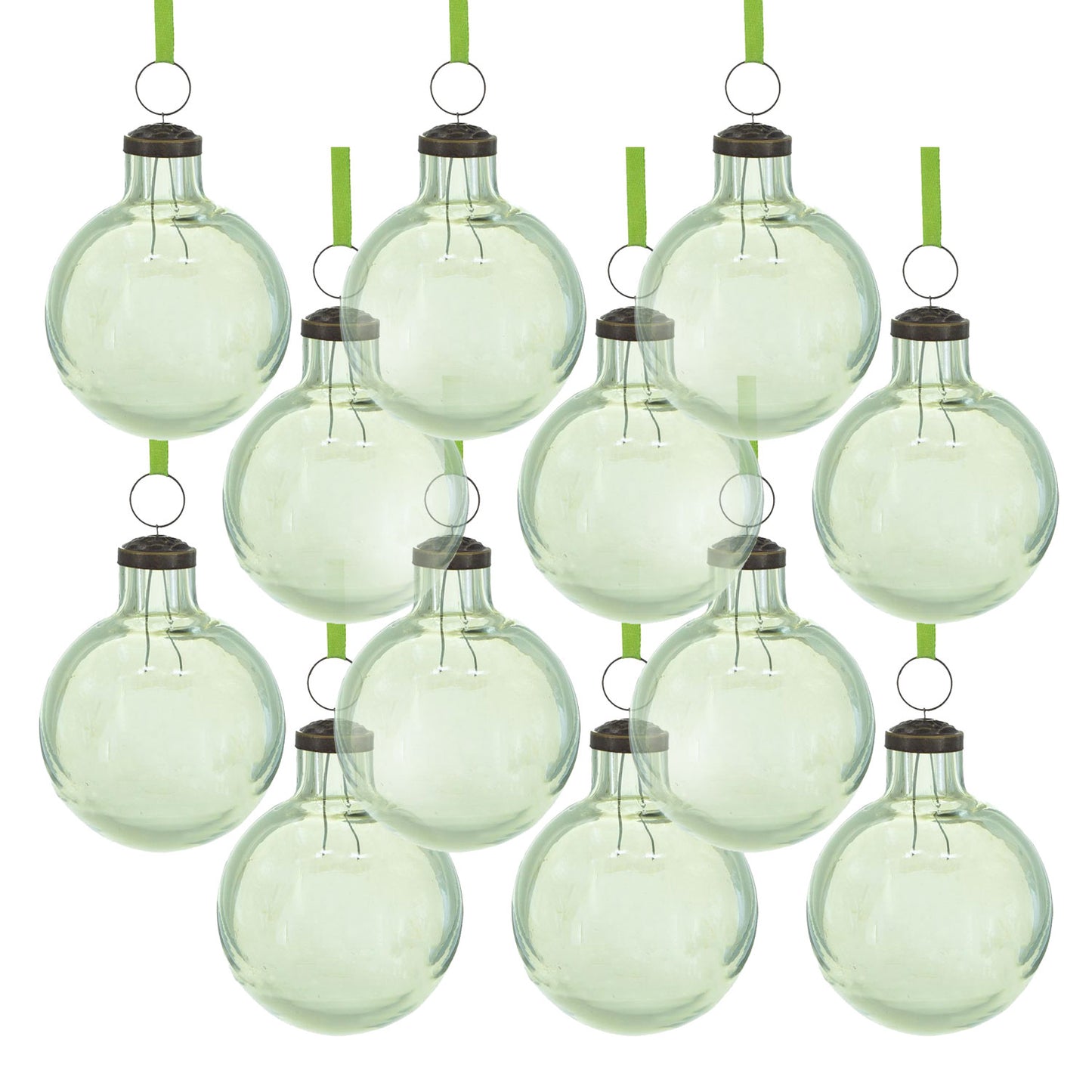 Set of  clear glass orb Christmas ornaments with green ribbon hangers