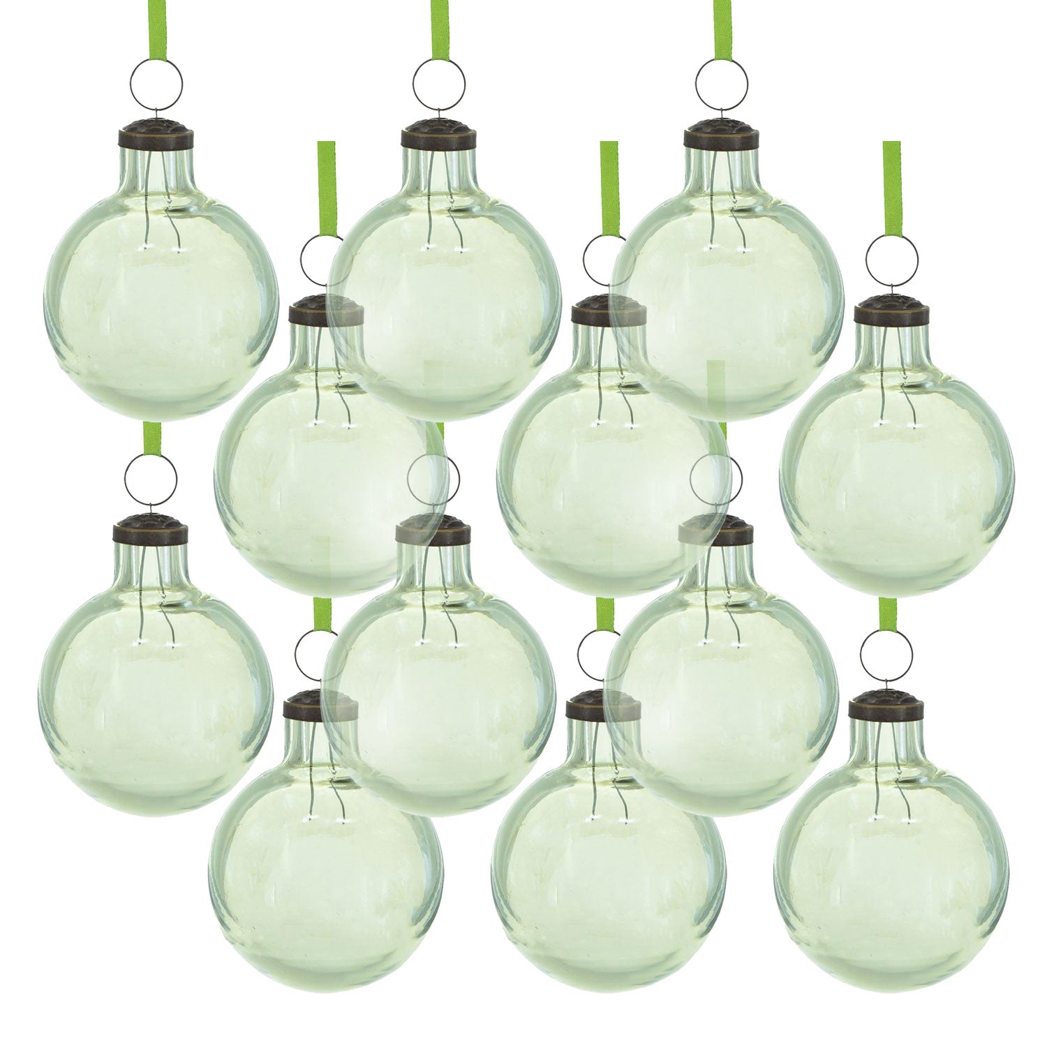 Set of  clear glass orb Christmas ornaments with green ribbon hangers