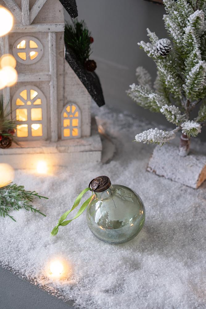 Elegant vintage glass Christmas ornament pale green with metal cap and green ribbon
