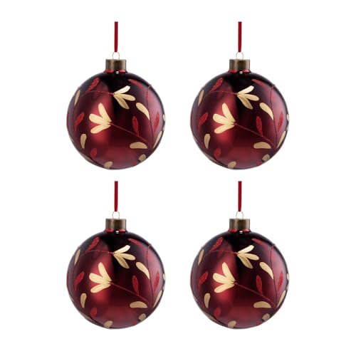 Set of four deep red glass Christmas ornaments with gold floral detailing