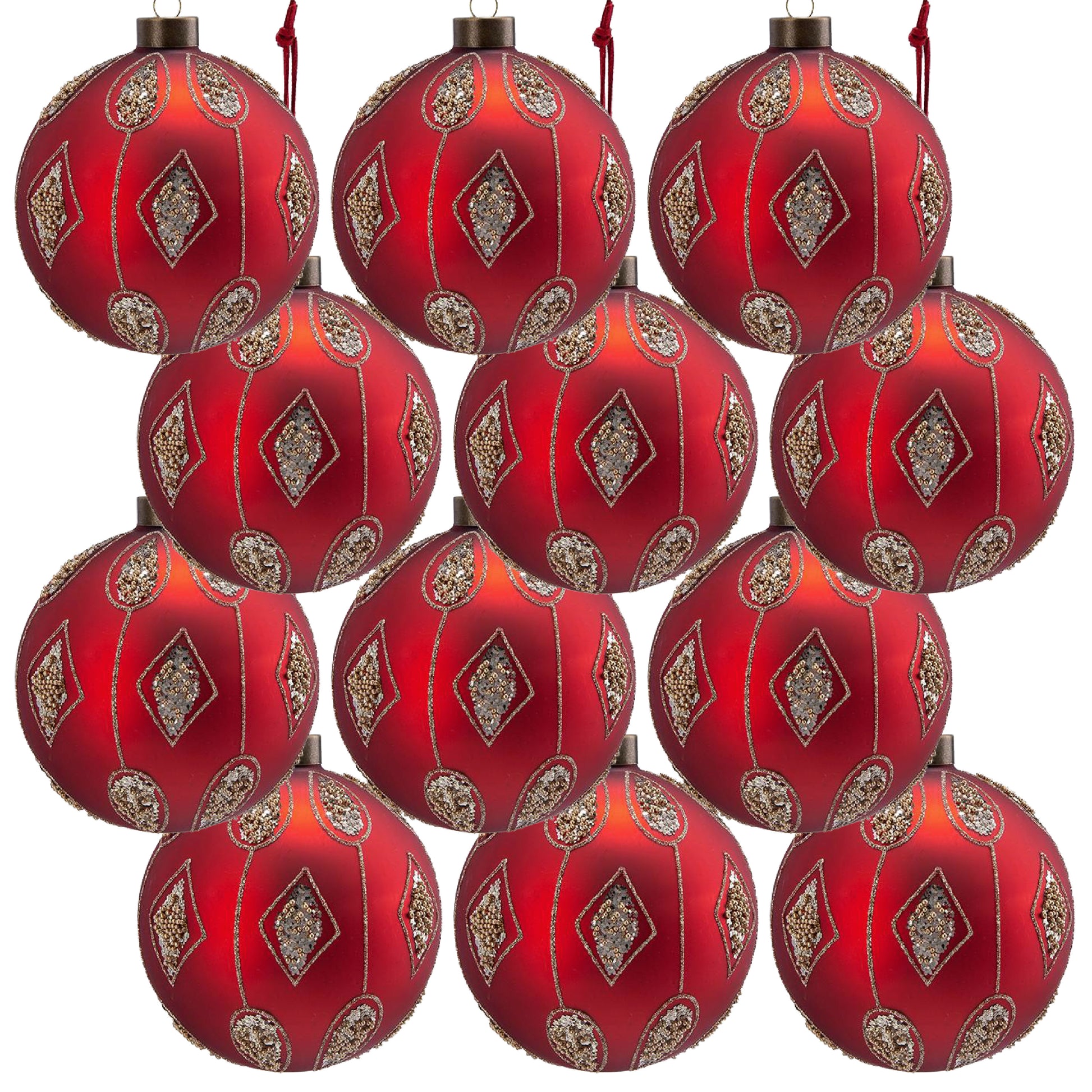 Matte red Christmas ornaments with gold and silver beaded diamond and oval designs
