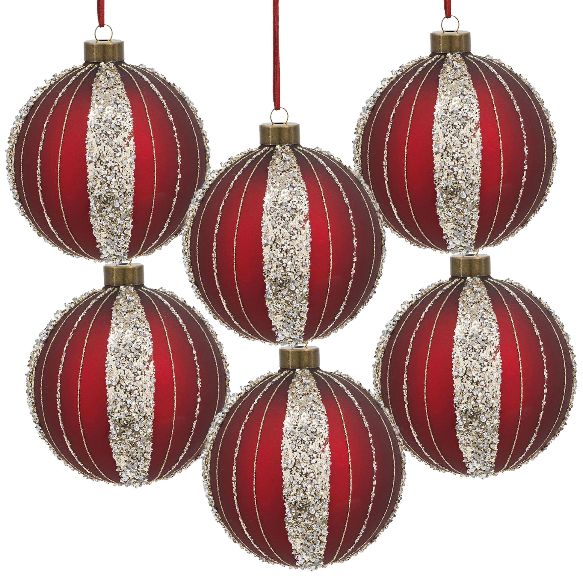 Six festive red glass Christmas ornaments with gold stripe and glitter accents