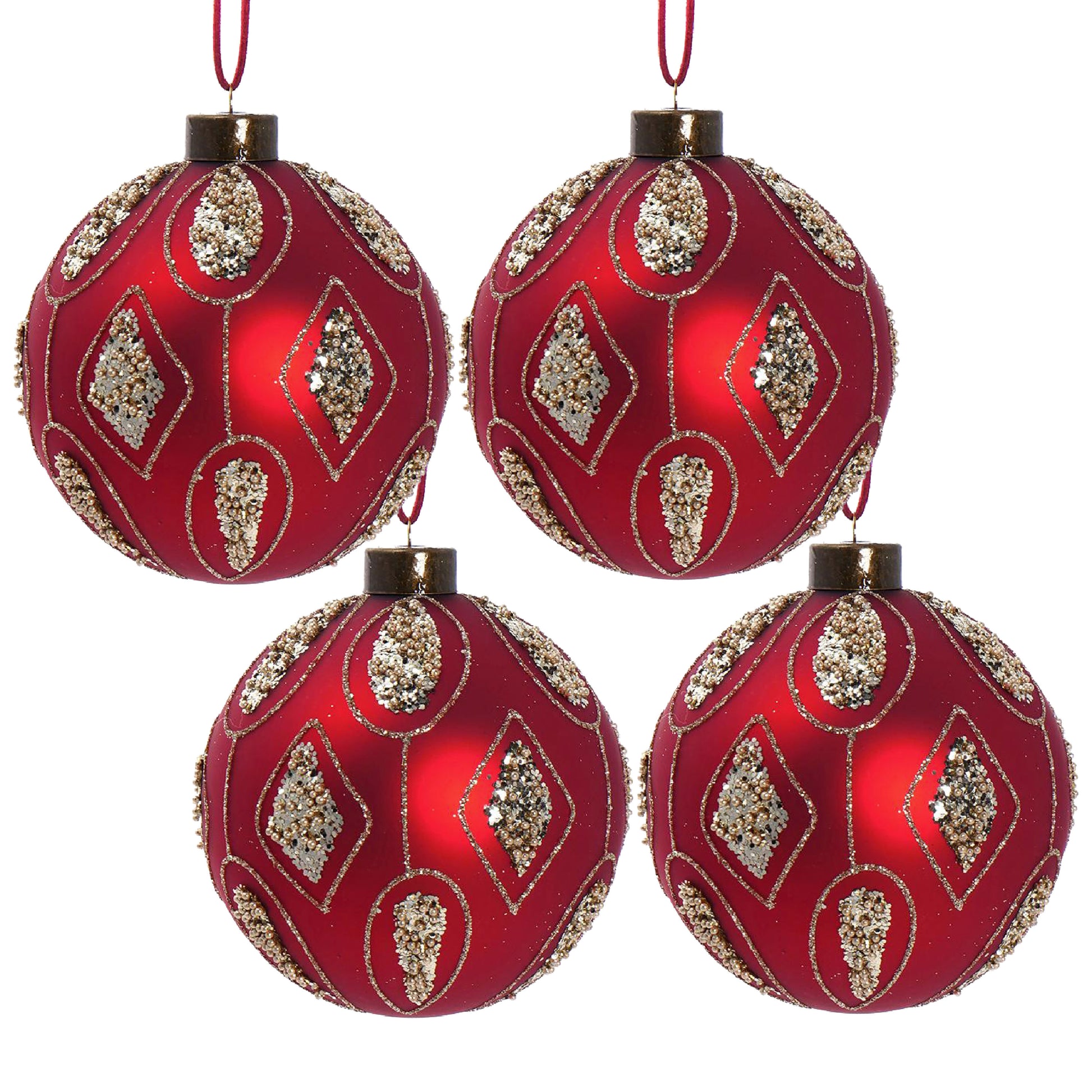Set of  red Christmas ornaments with intricate beaded diamond patterns and gold glitter trim