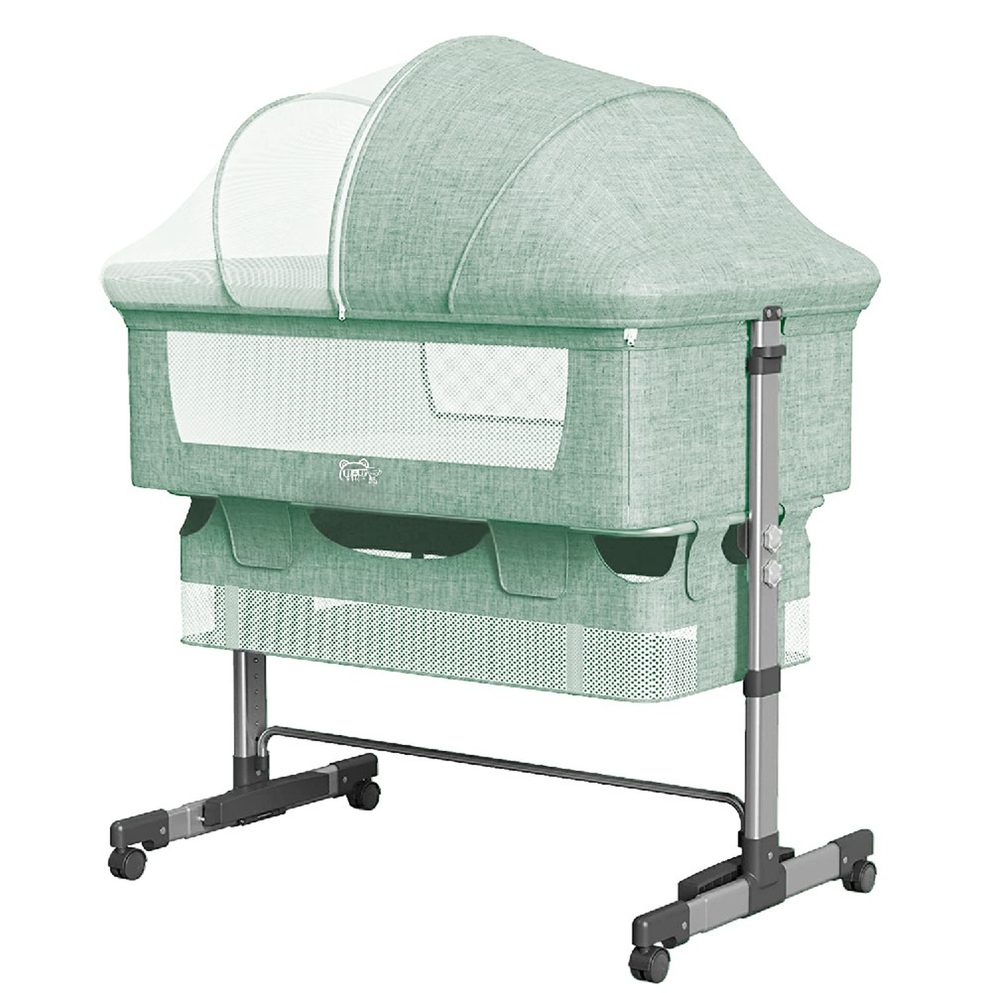 Sage green mesh bassinet with adjustable height stand and wheels ideal for bedside sleeping