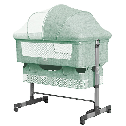 Sage green mesh bassinet with adjustable height stand and wheels ideal for bedside sleeping