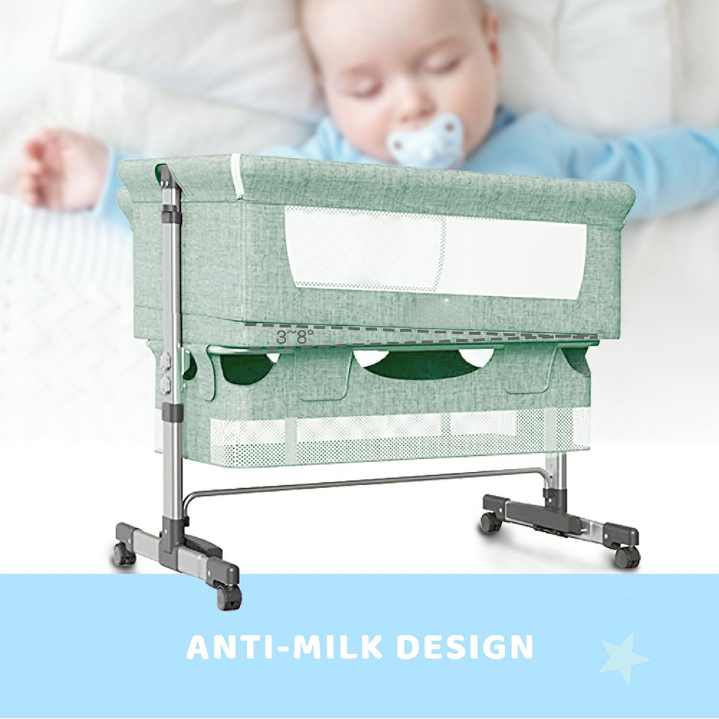 Adjustable green bassinet with antimilk design ideal for safe infant sleep