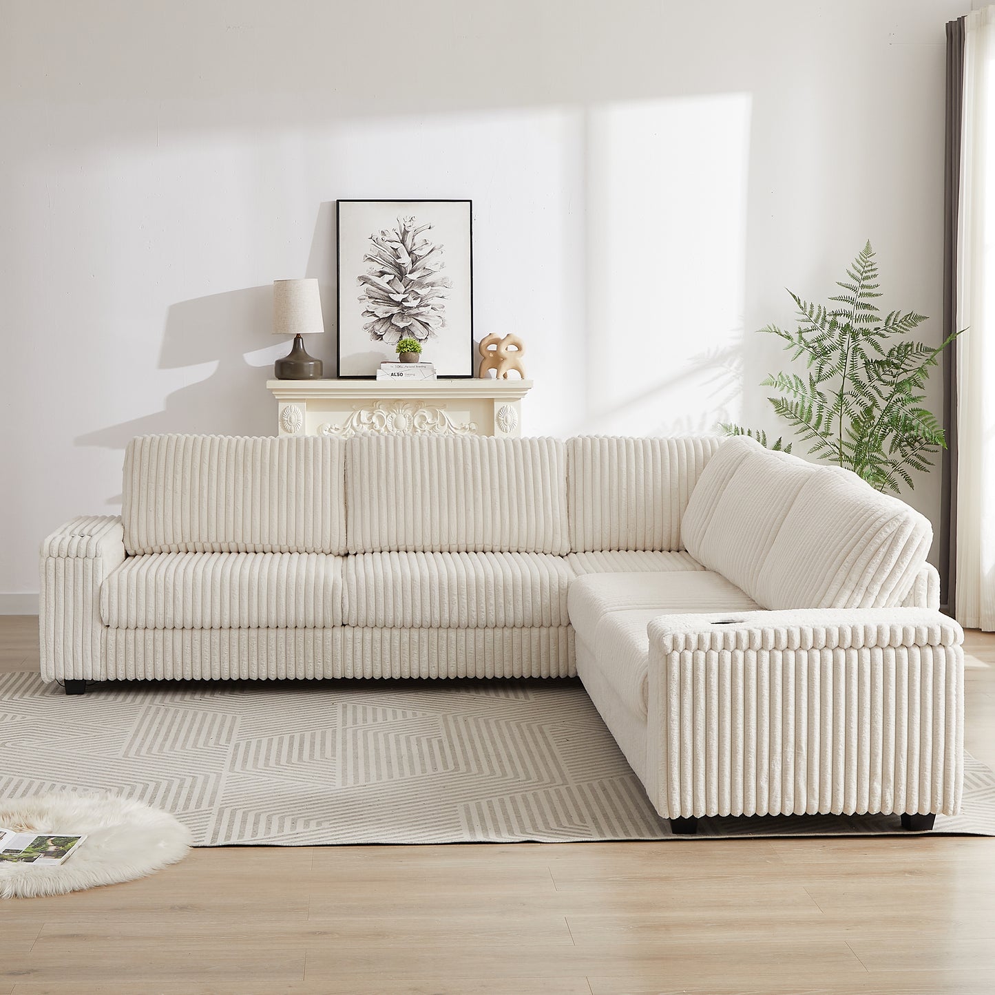 Cream corduroy sectional sofa with plush cushions and clean lines for modern living rooms