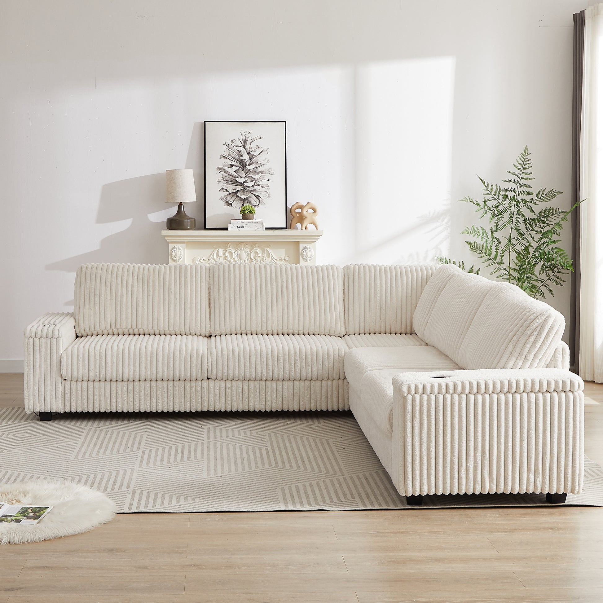 Cream corduroy sectional sofa with plush cushions and clean lines for modern living rooms