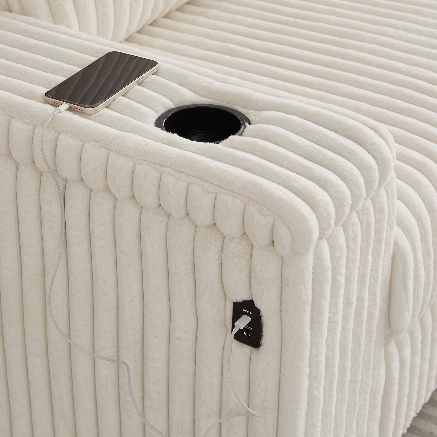 Plush cream corduroy armchair with builtin USB charging port and cupholder