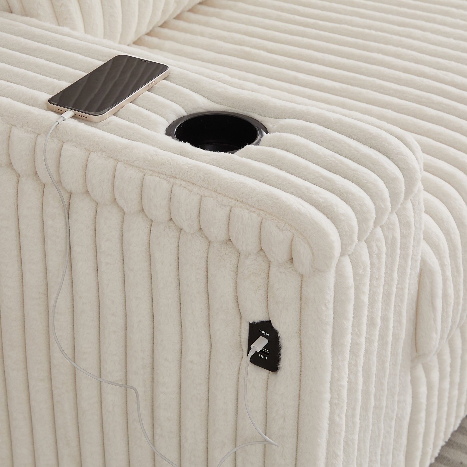 Plush cream corduroy armchair with builtin USB charging port and cupholder