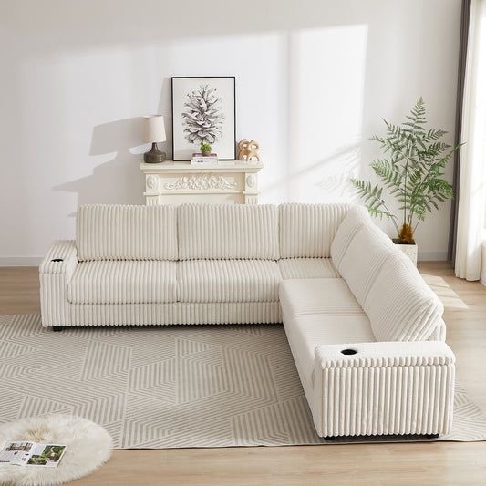 Cream corduroy sectional sofa with builtin cup holders and a chaise lounge