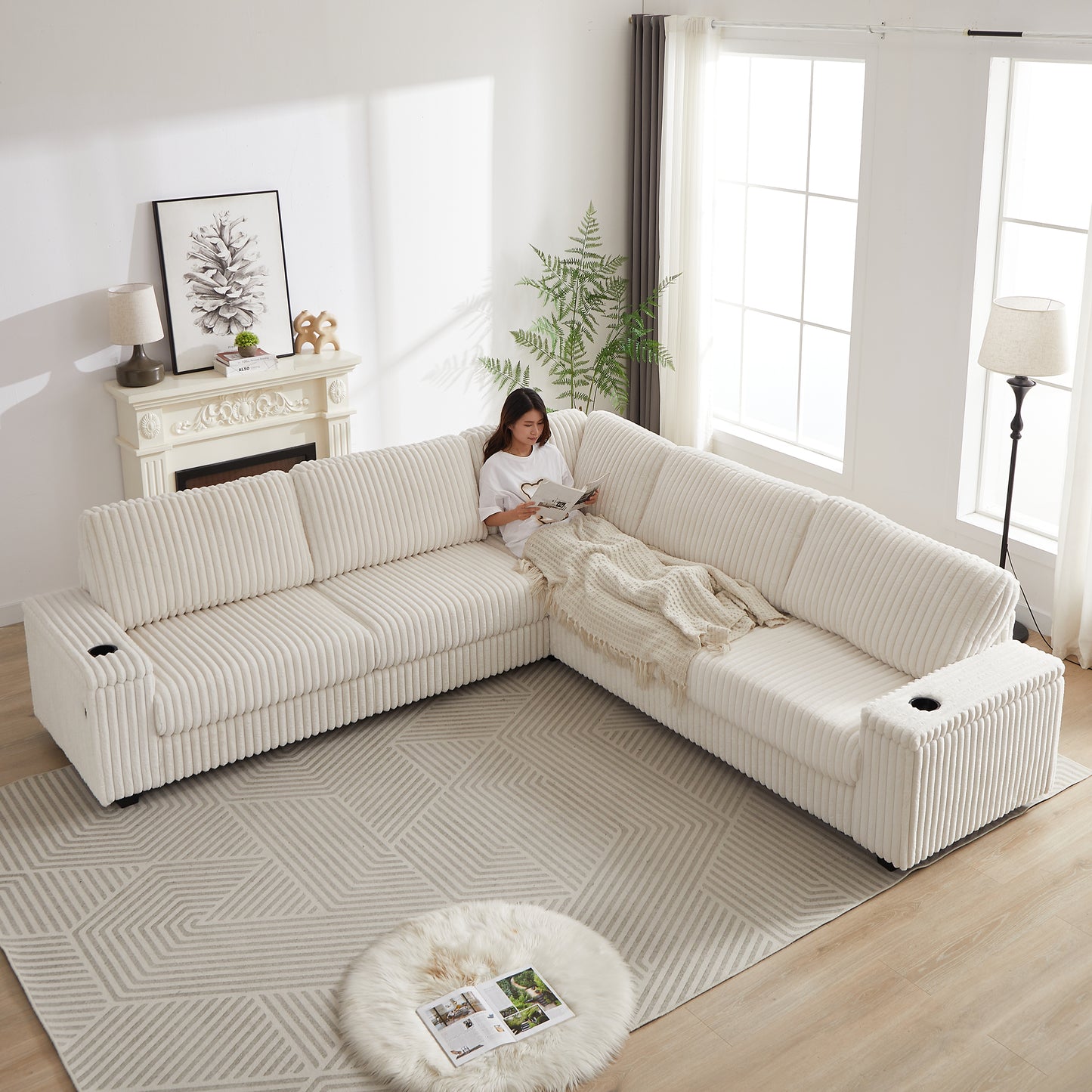 Plush cream corduroy sectional sofa with builtin cup holders perfect for a living room