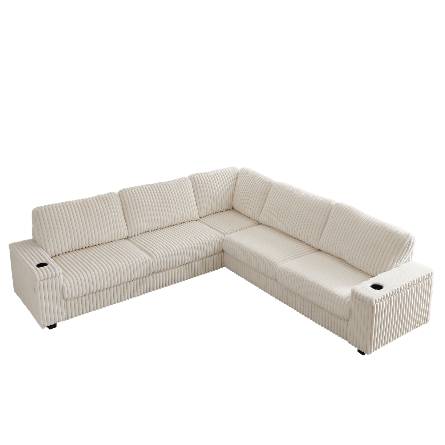 Cream corduroy sectional sofa with builtin cup holders for living room comfort