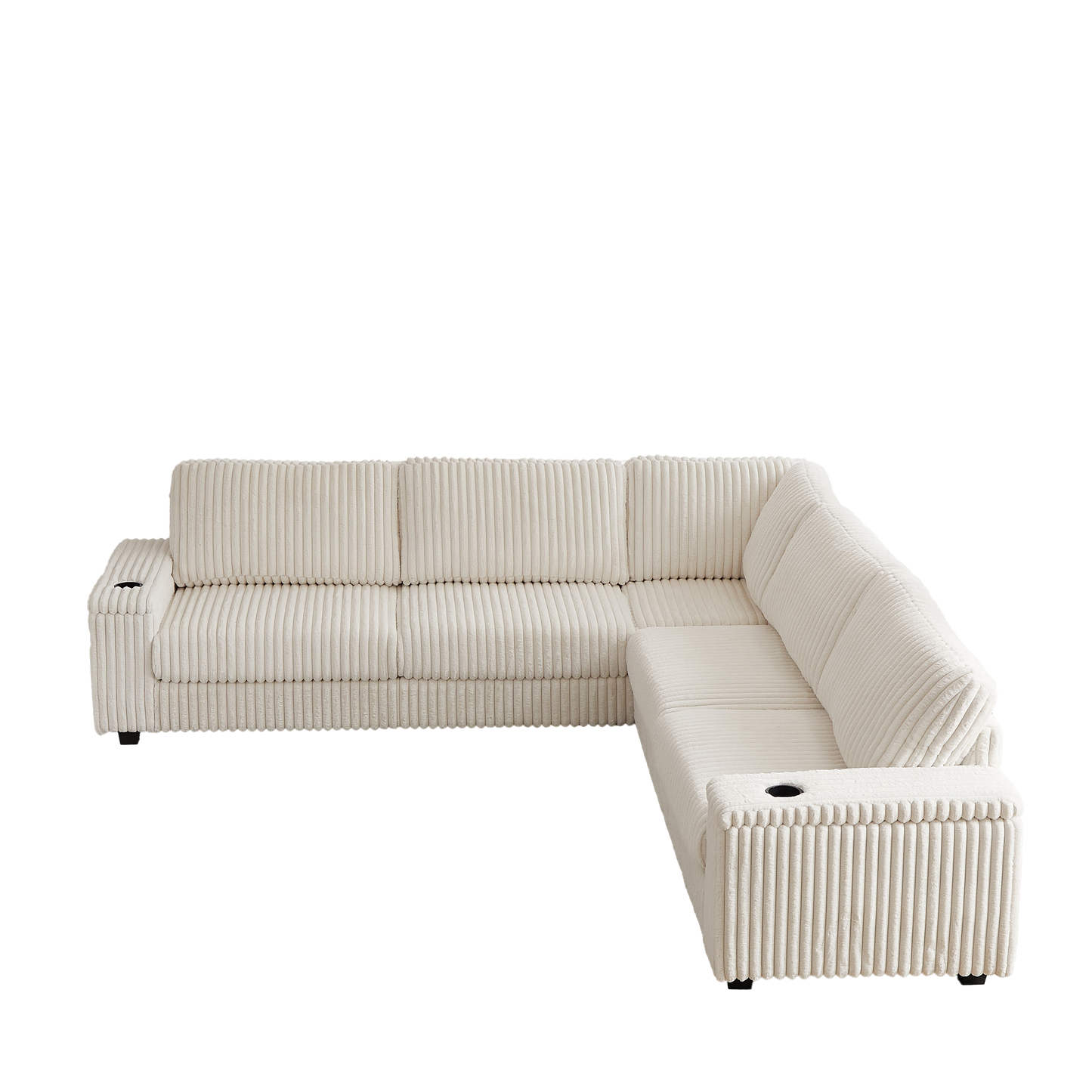 Cream corduroy sectional sofa with builtin cup holders