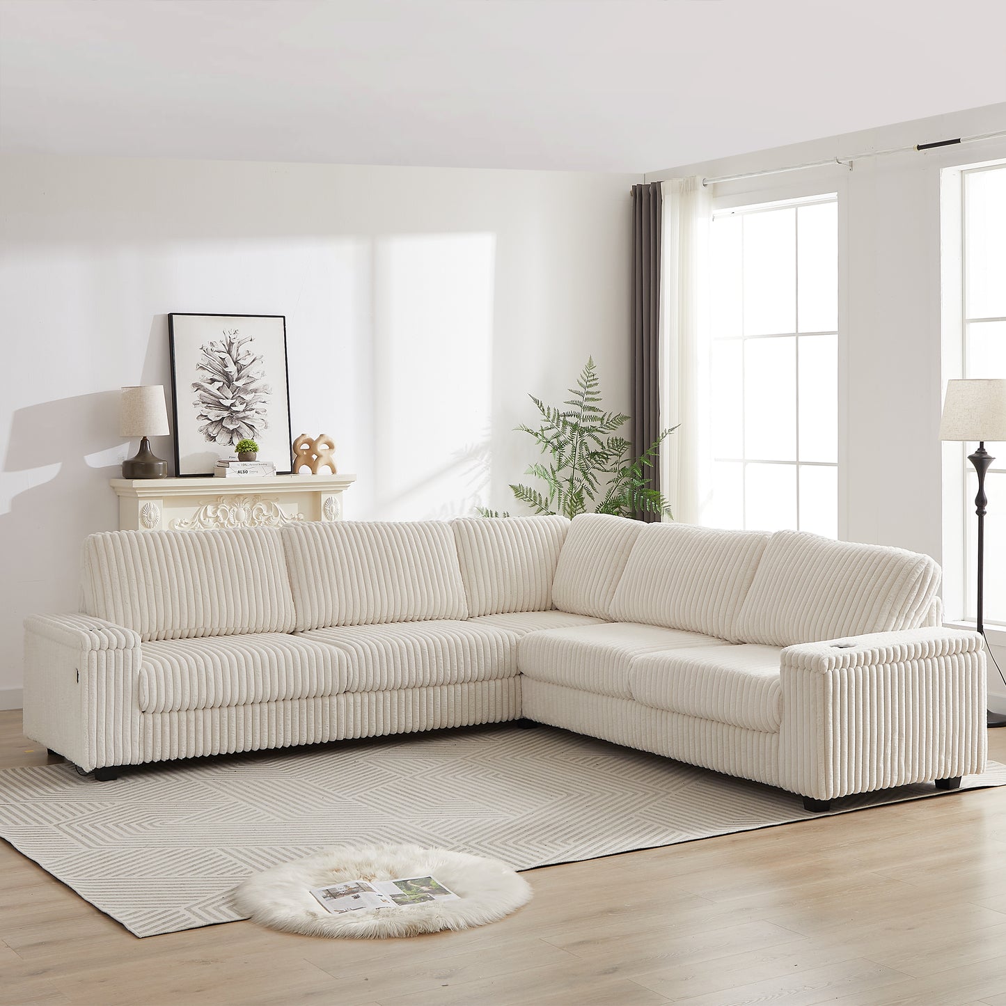 Cream corduroy sectional sofa with plush cushions and modern design ideal for living rooms