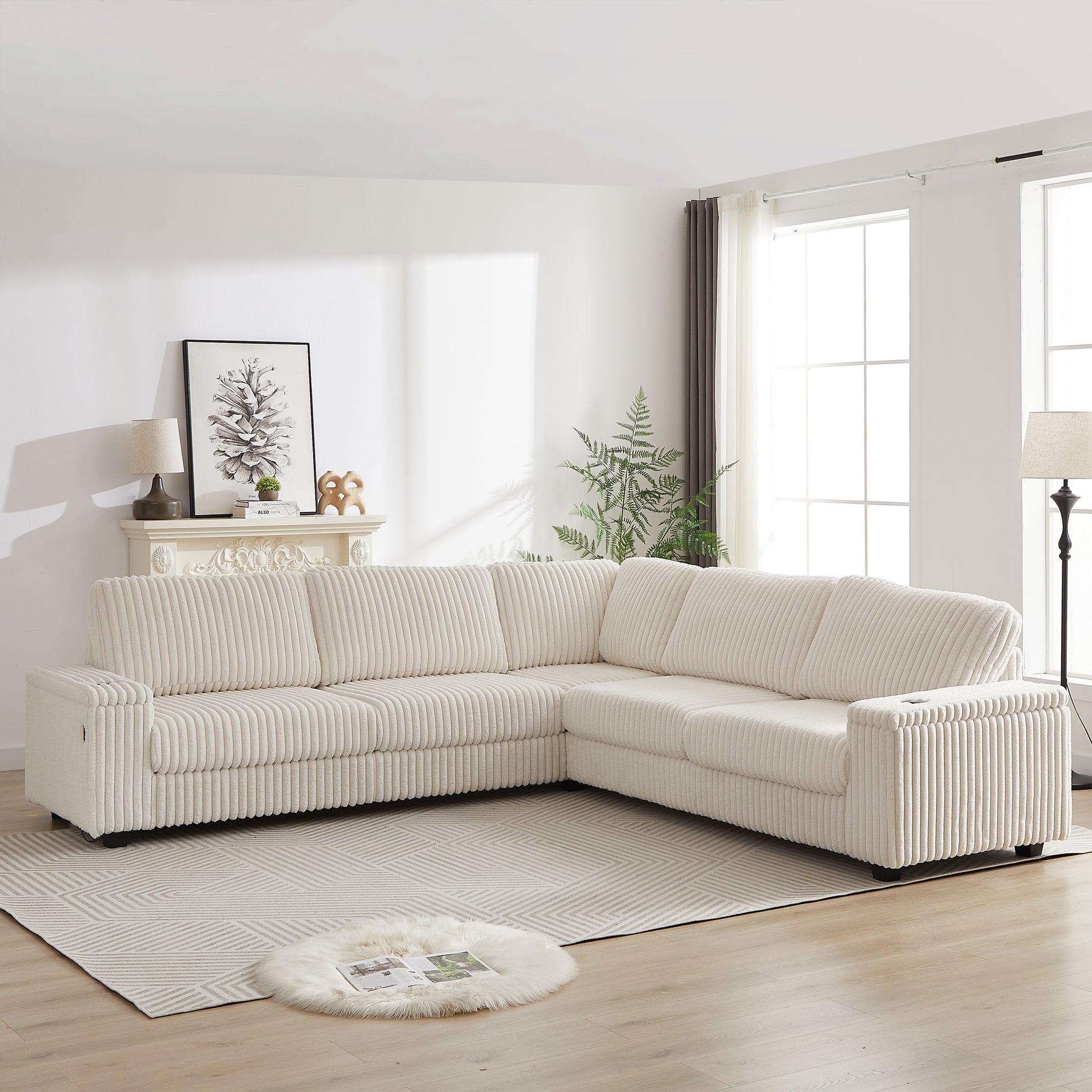 Cream corduroy sectional sofa with plush cushions and modern design ideal for living rooms
