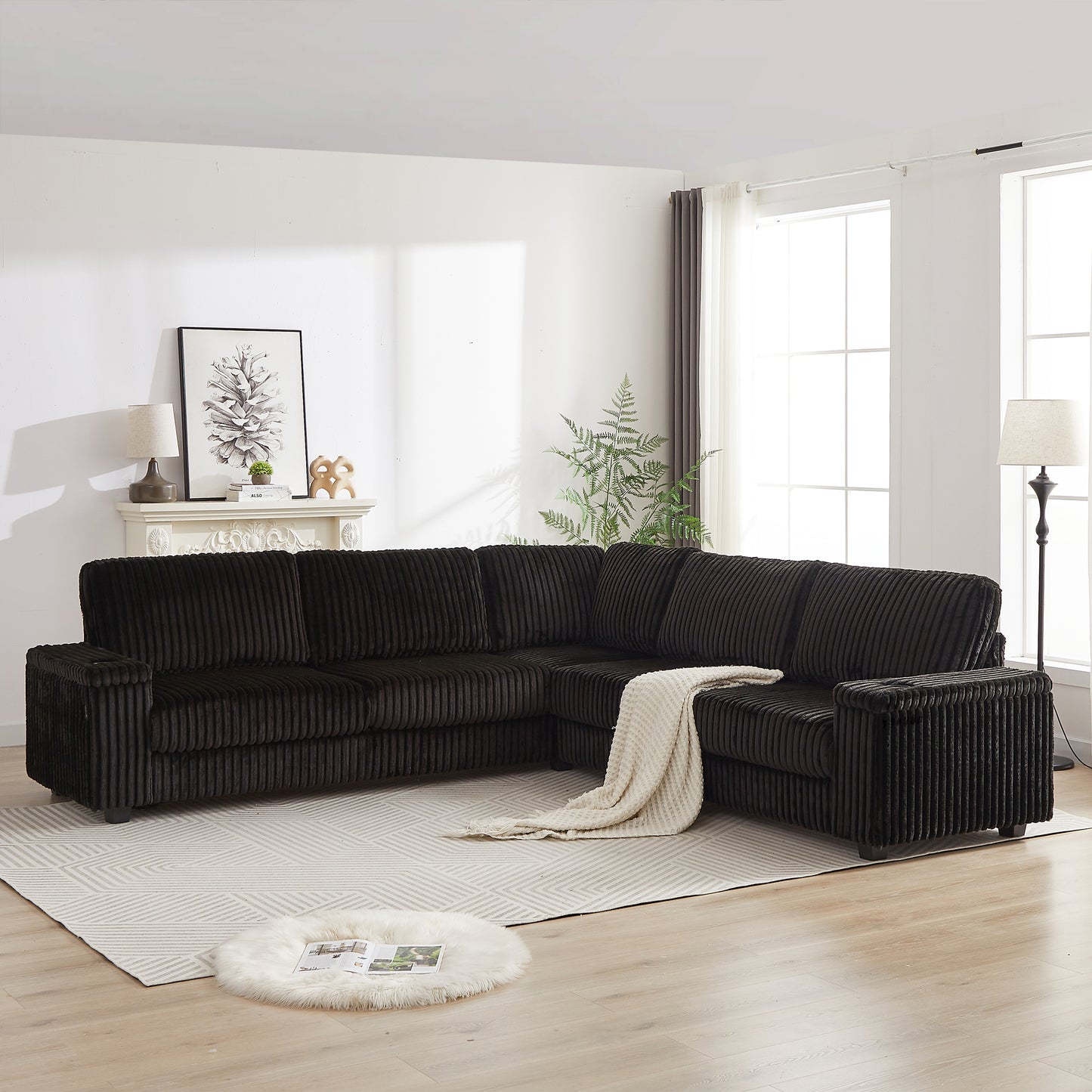 Dark brown corduroy sectional sofa with plush seating and ample space for lounging