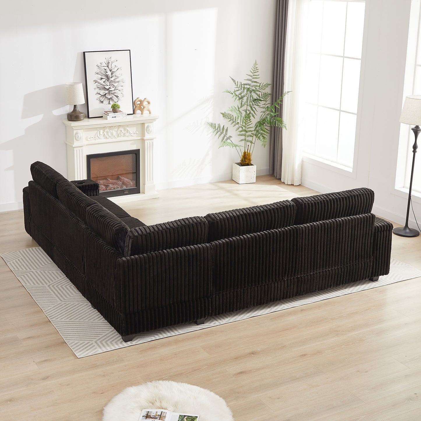 Dark corduroy sectional sofa with a chaise lounge for living room comfort