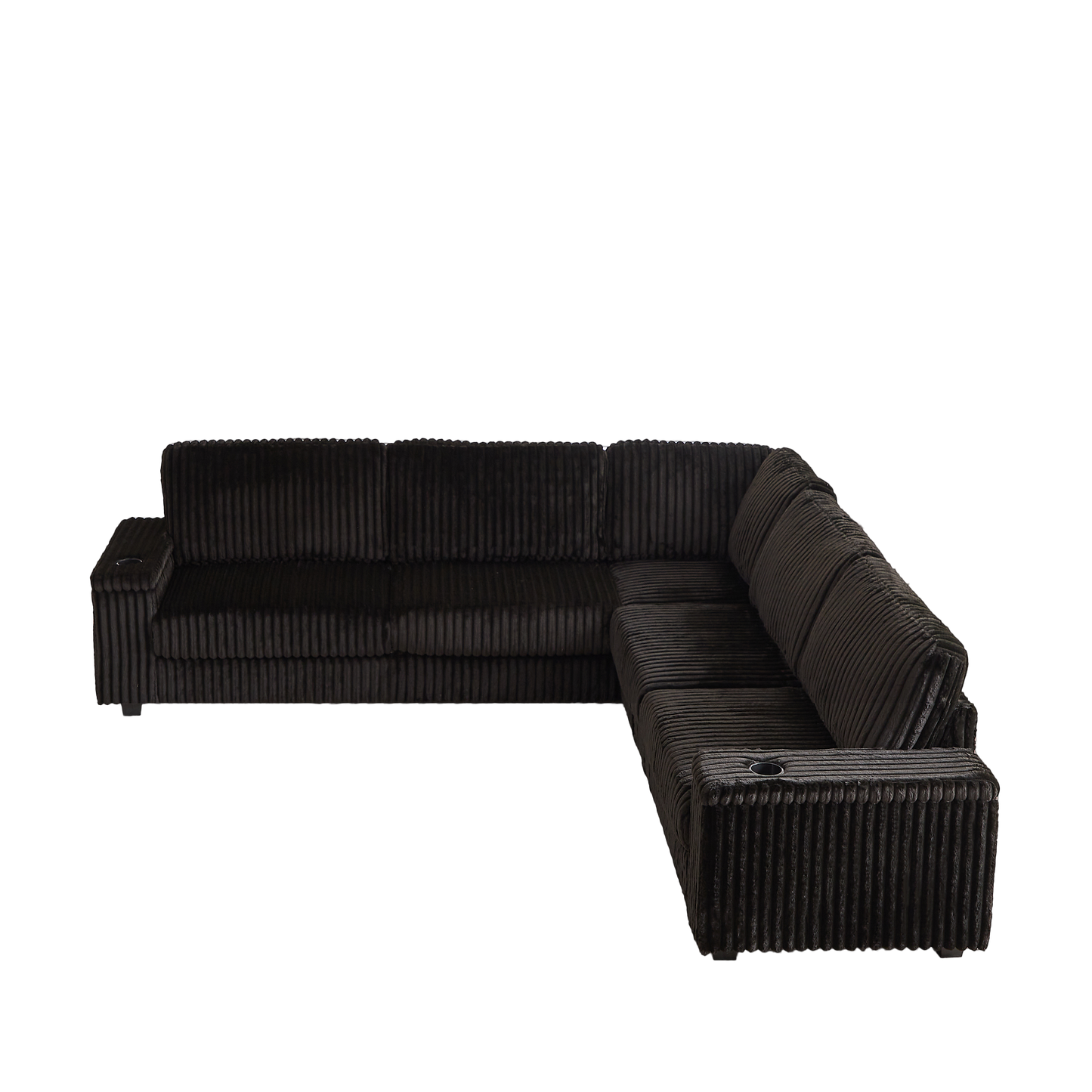 Black corduroy sectional sofa with cup holders and modern geometric rug