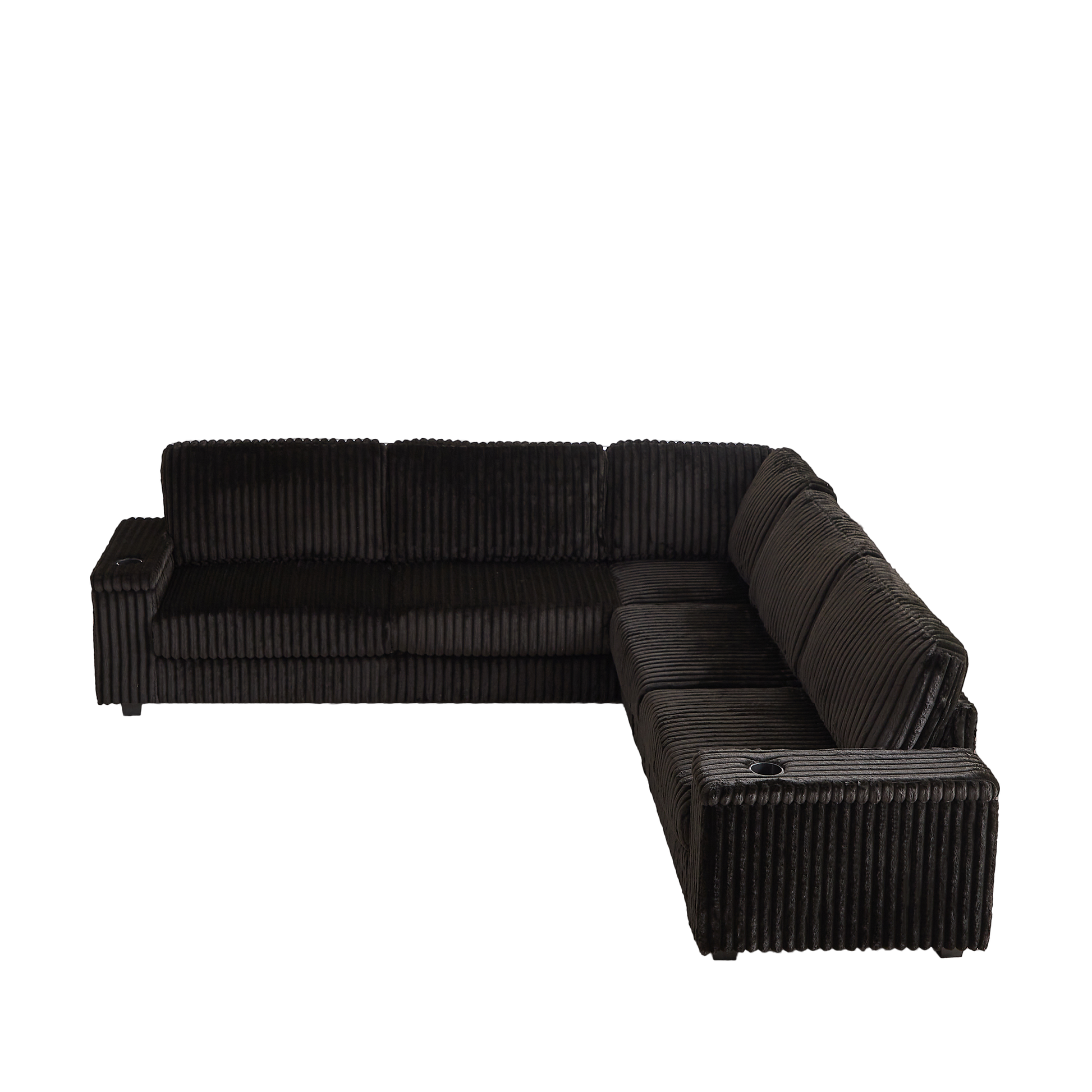 Black corduroy sectional sofa with cup holders and modern geometric rug