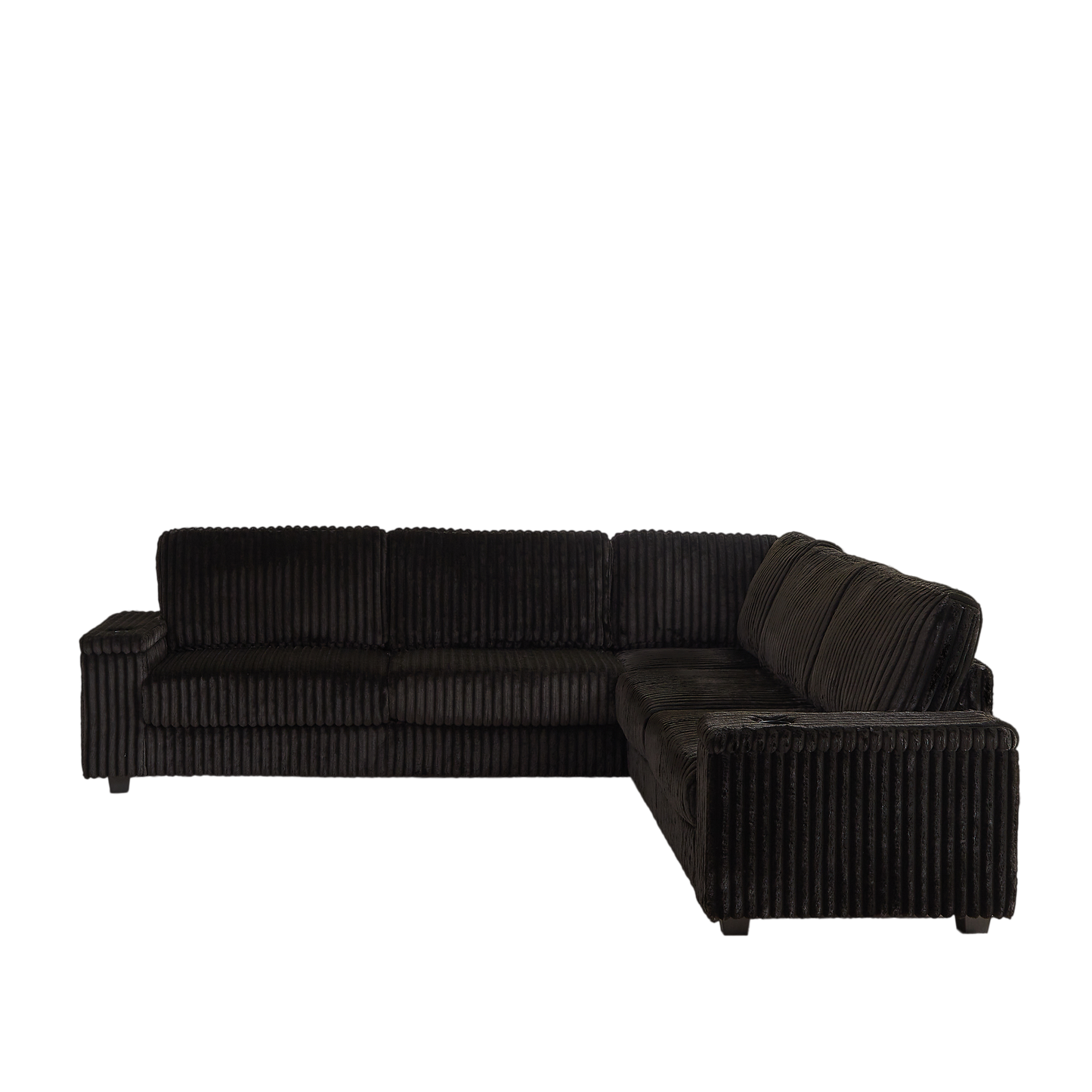 Comfortable black corduroy sectional sofa with plush cushions and a modern design