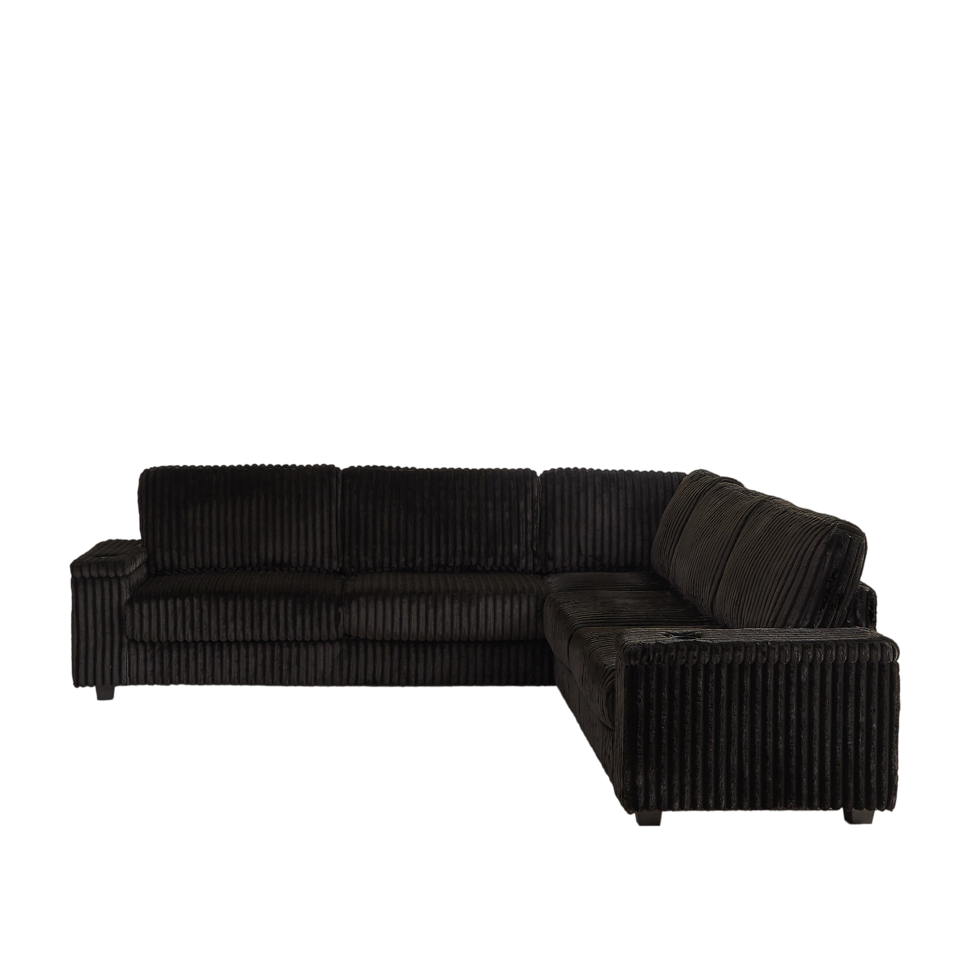 Comfortable black corduroy sectional sofa with plush cushions and a modern design