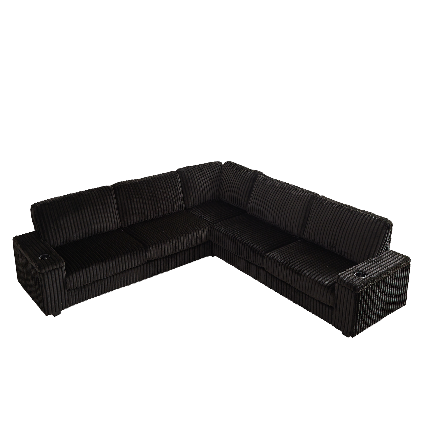 Black corduroy sectional sofa with builtin cup holders perfect for living rooms