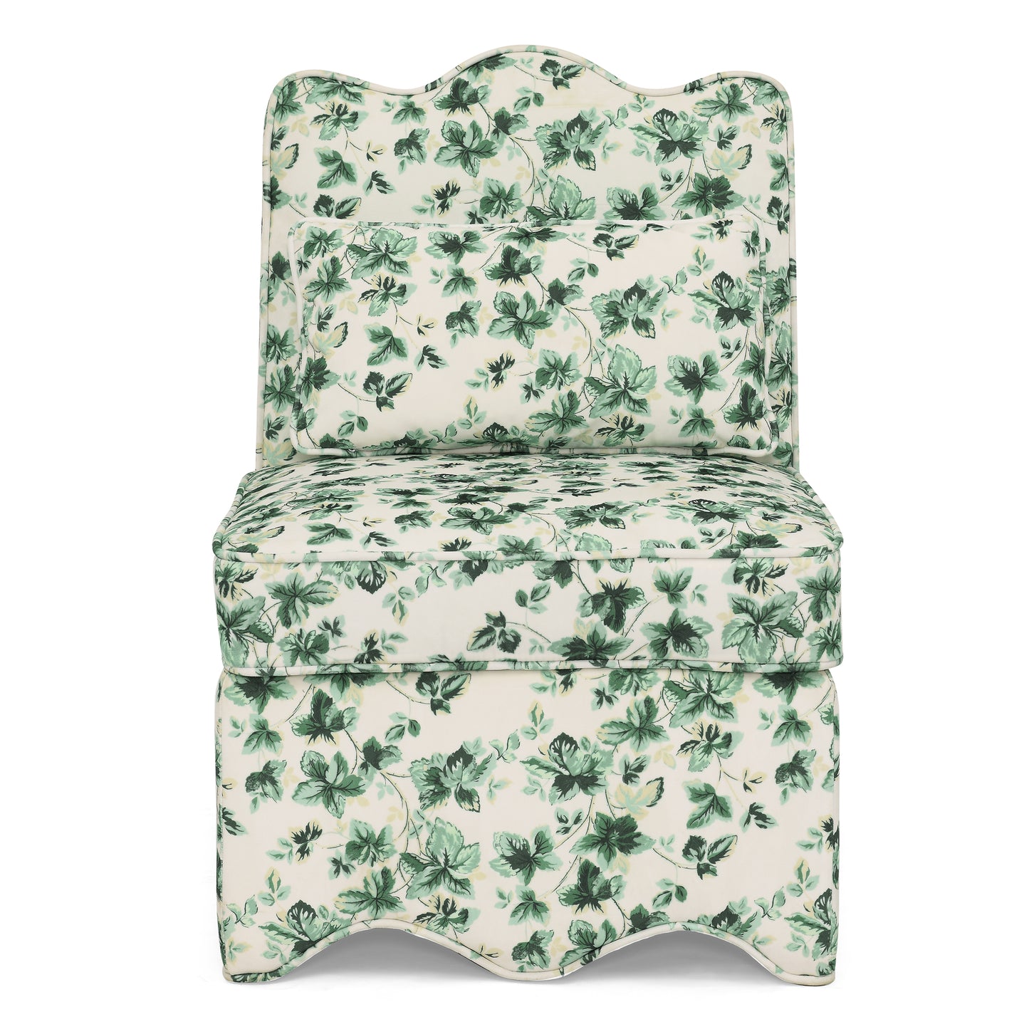 Cream fabric accent chair with a vintage green floral print perfect for a cozy reading nook