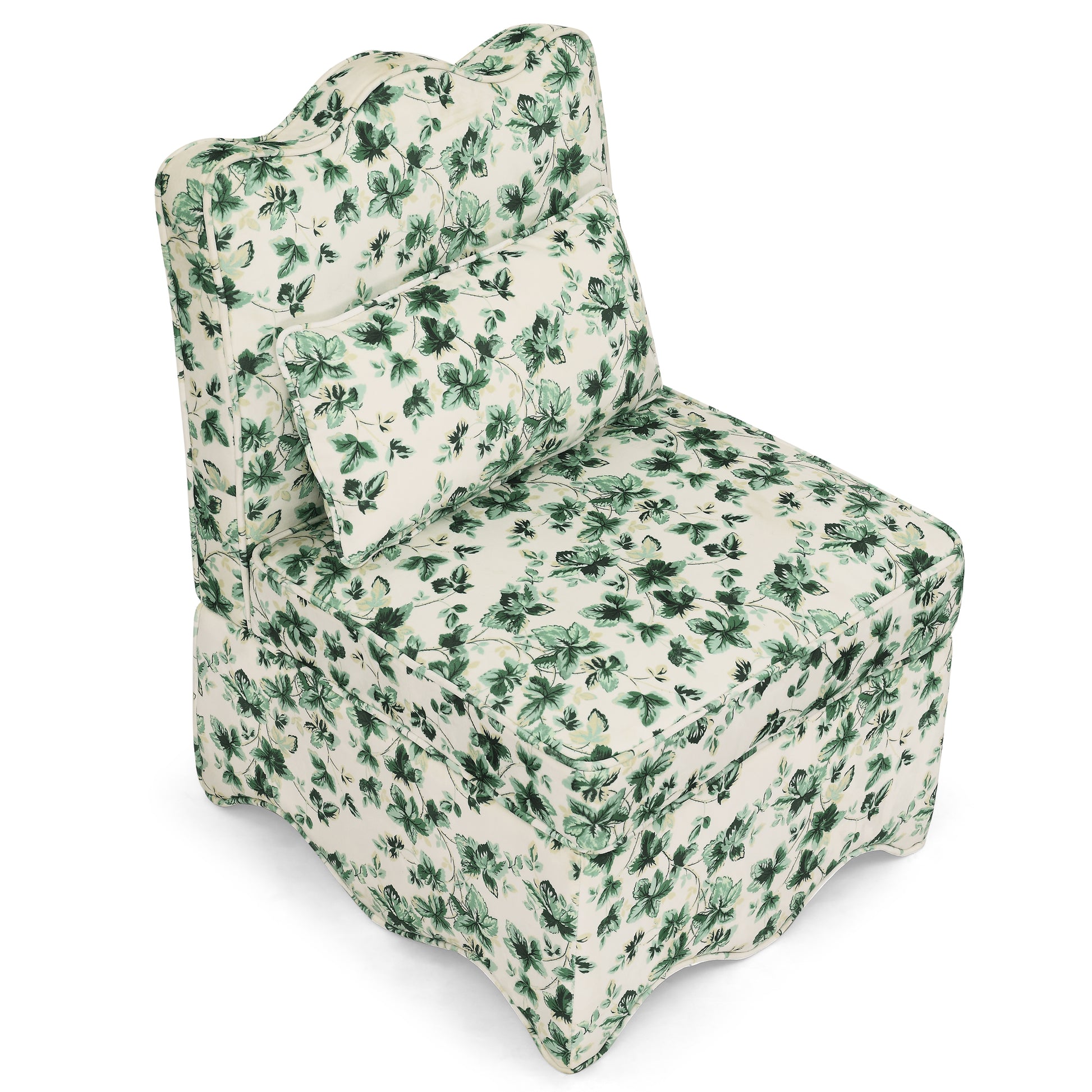 Cream floral accent chair with piped trim and green leaf pattern