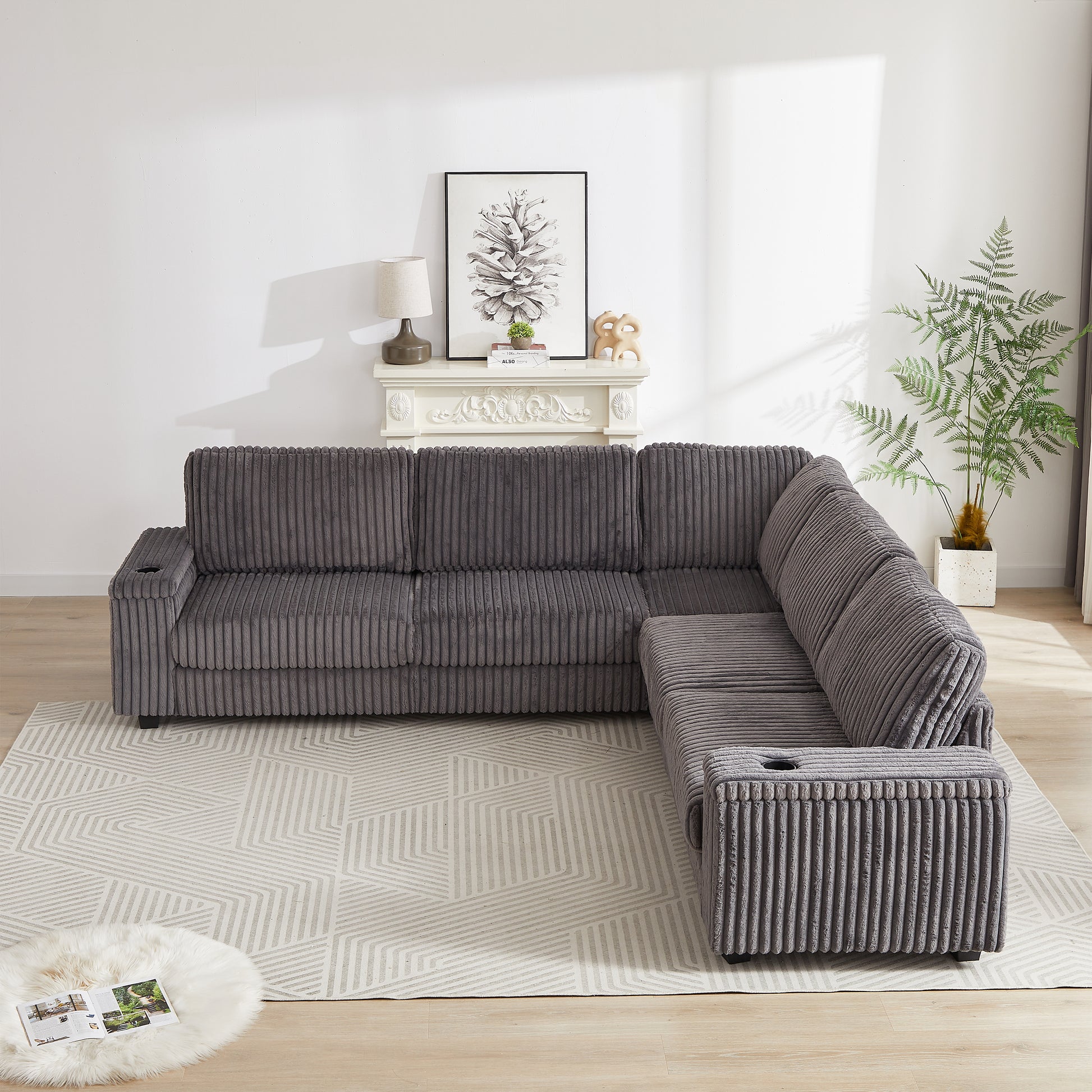 Dark gray corduroy sectional sofa with builtin cup holders