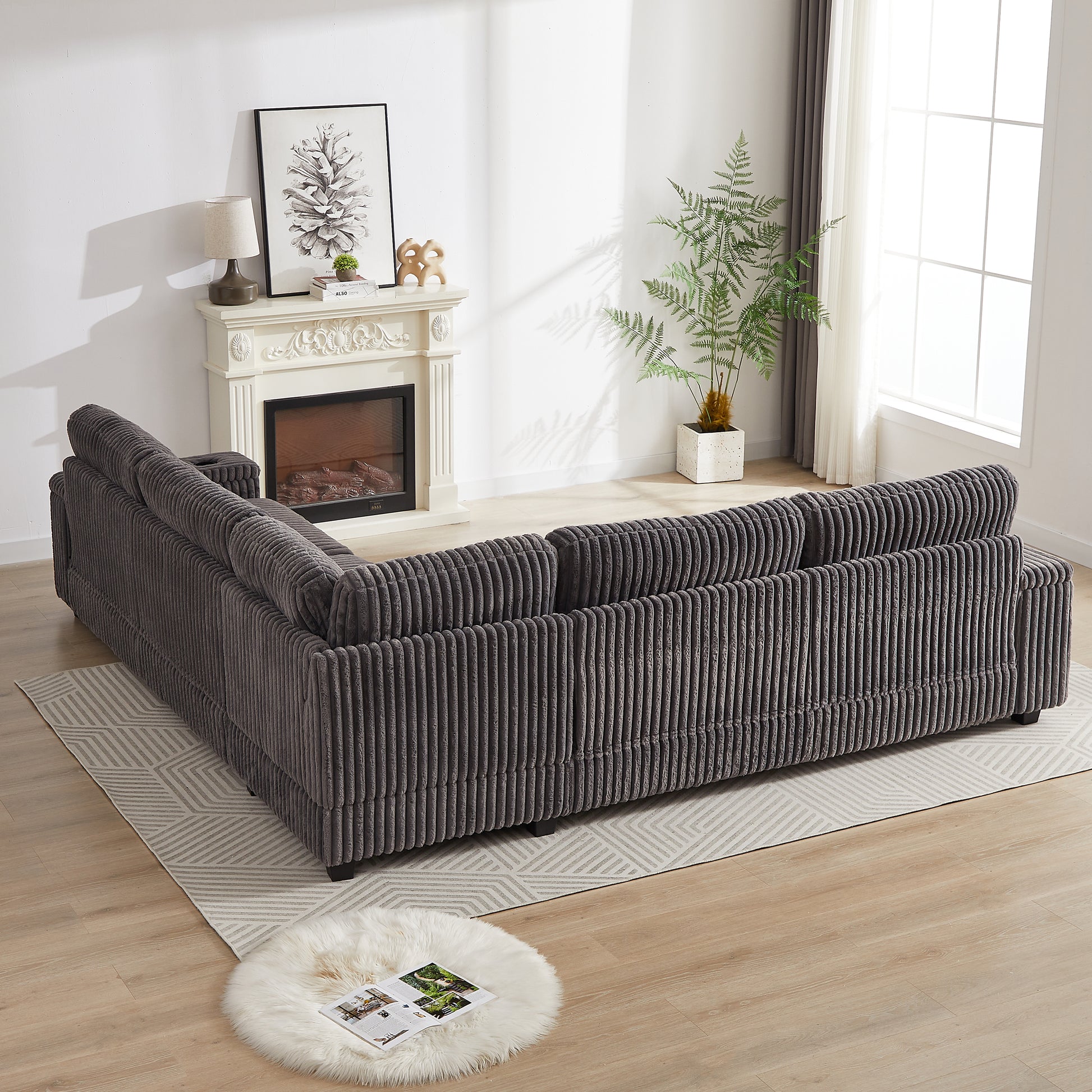 Dark grey corduroy sectional sofa with deep seating perfect for modern living rooms