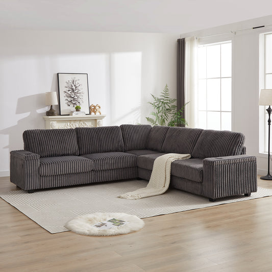 Dark gray corduroy sectional sofa with a contemporary design and plush cushions