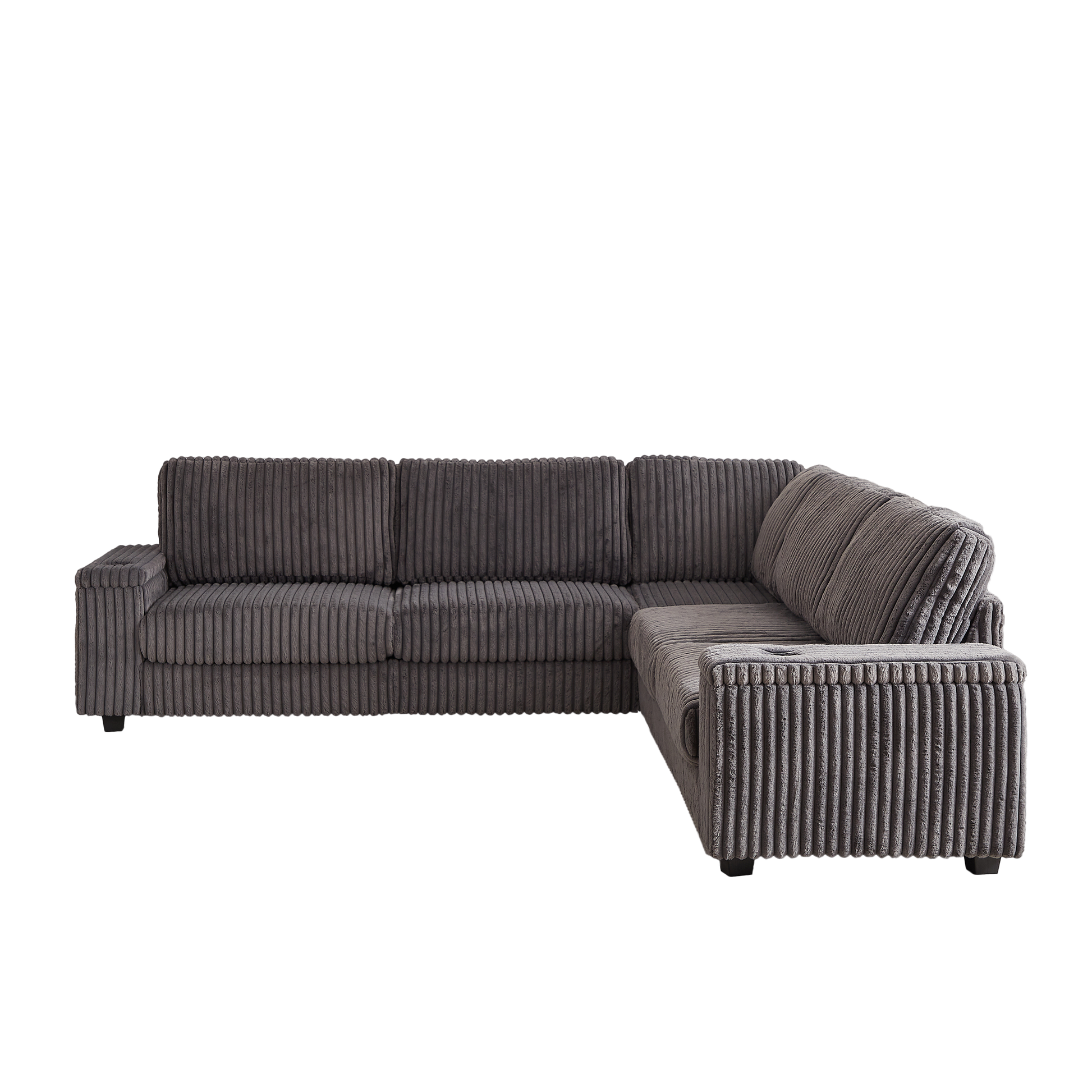 Dark gray corduroy sectional sofa with plush cushions and a modern design