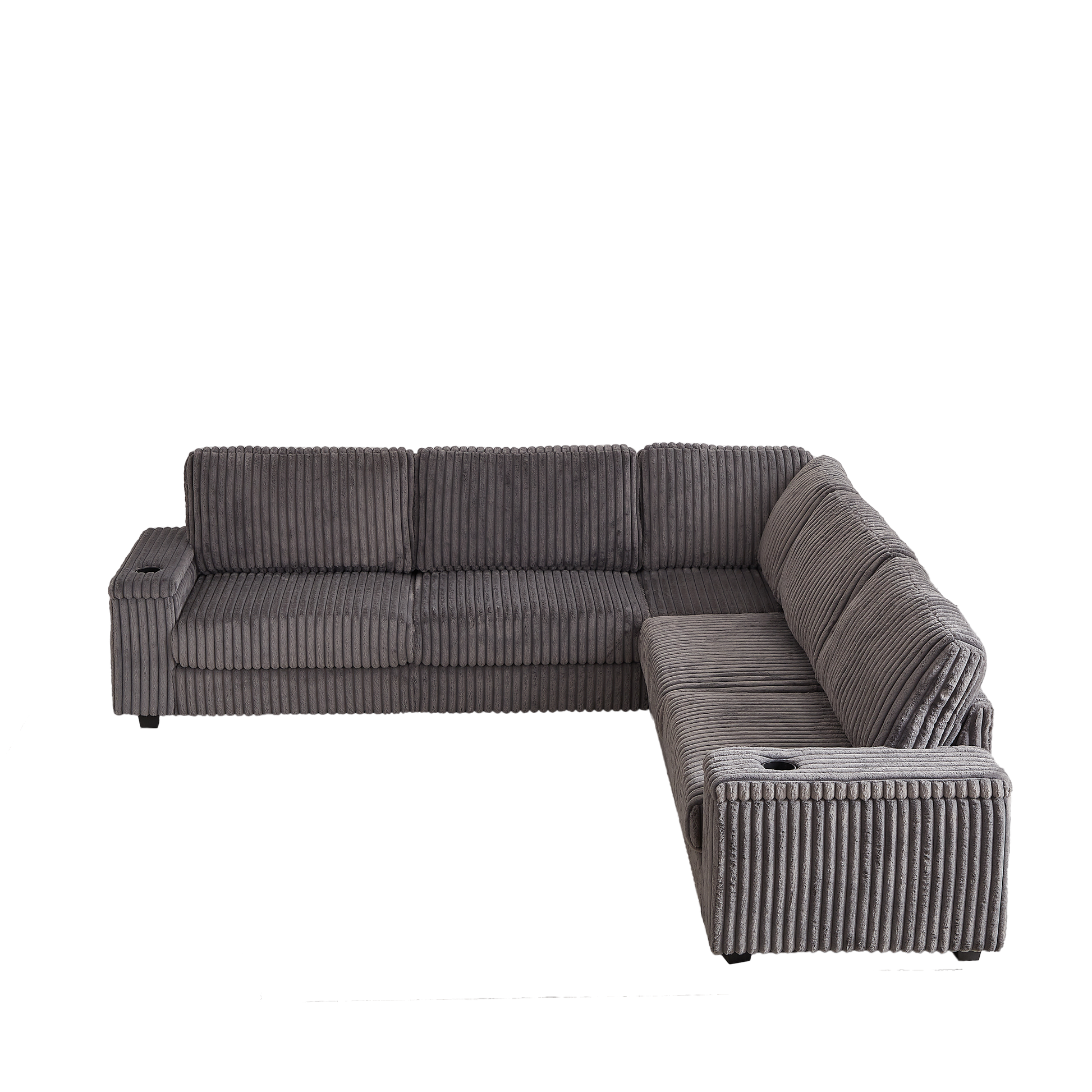 Gray corduroy sectional sofa with builtin cup holders and ample seating
