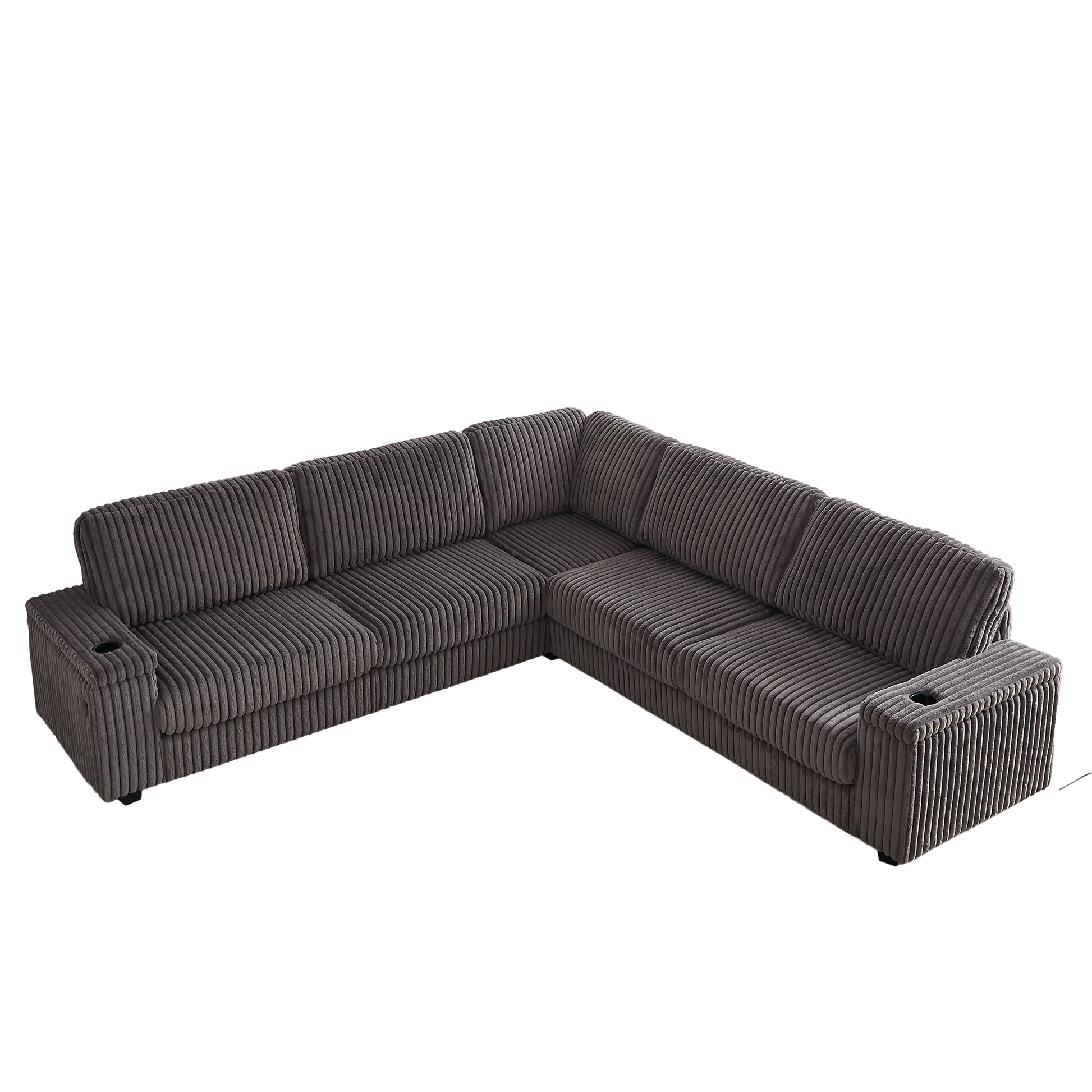Plush grey corduroy sectional sofa with builtin cup holders perfect for living rooms
