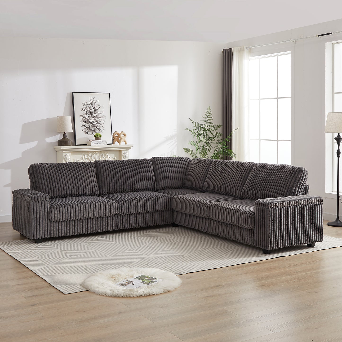 Dark gray corduroy sectional sofa with a modern design perfect for living rooms