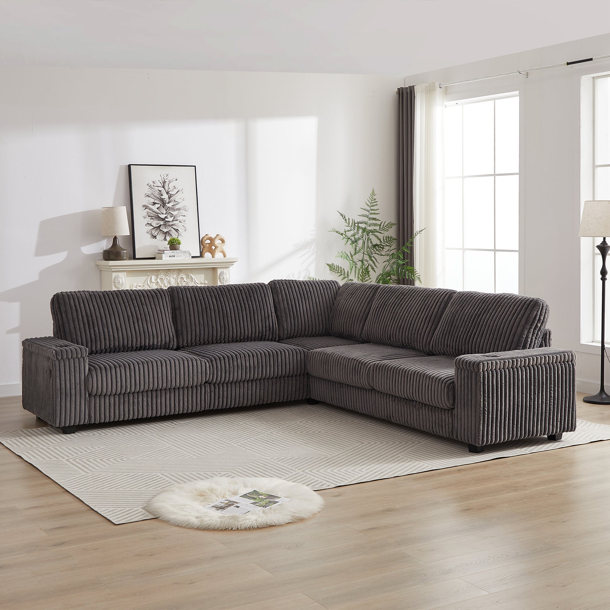 Dark gray corduroy sectional sofa with a modern design perfect for living rooms