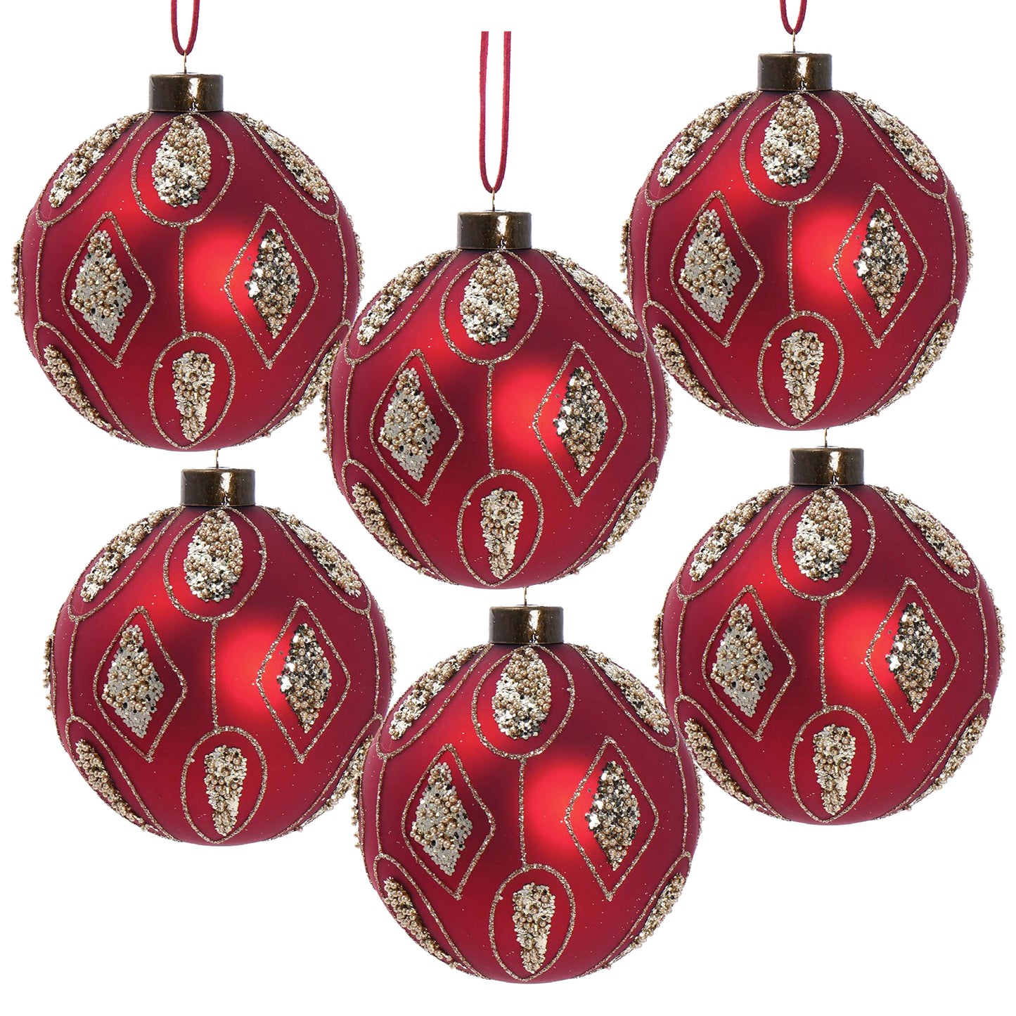 Set of six red Christmas ornaments with gold glitter and bead detailing