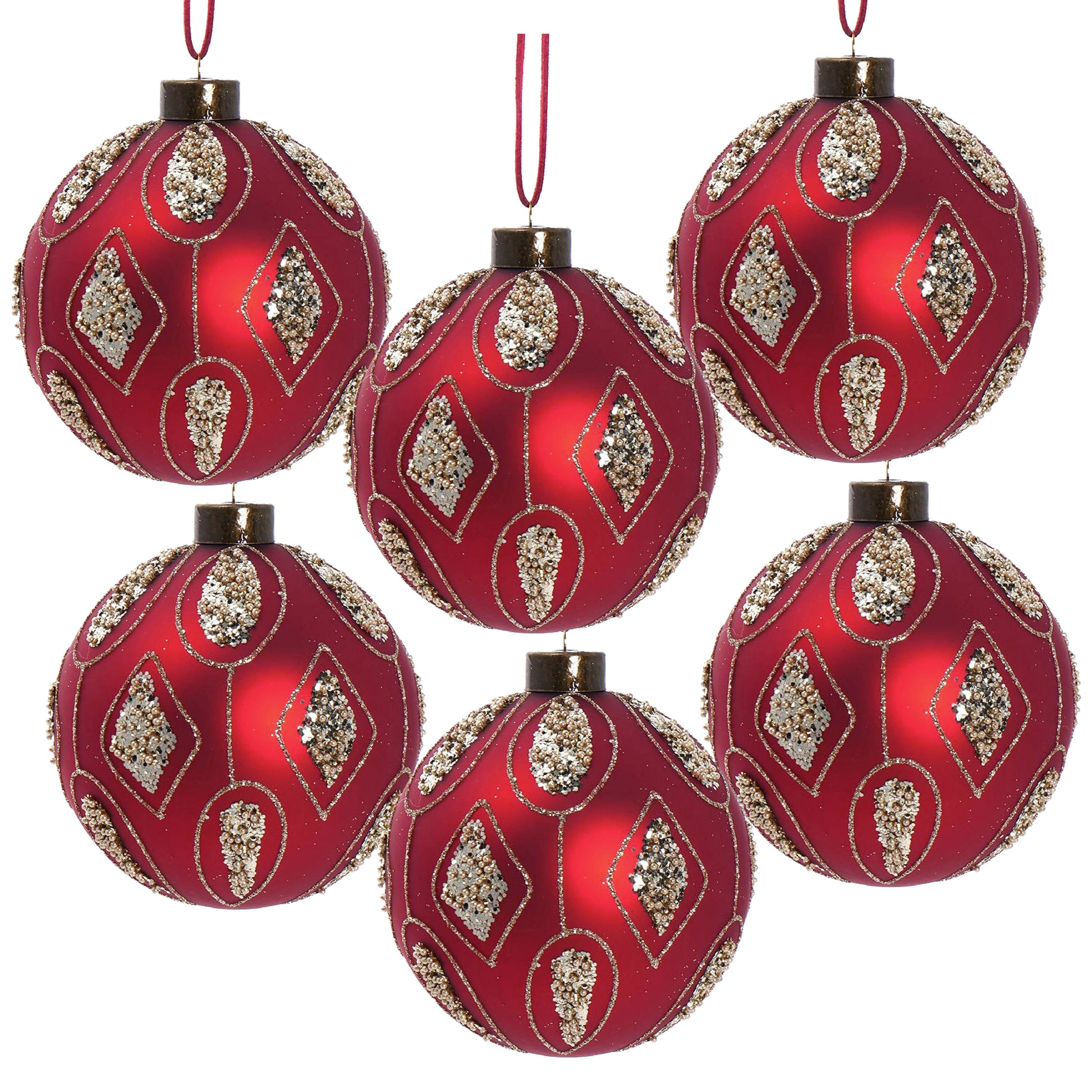 Set of six red Christmas ornaments with gold glitter and bead detailing