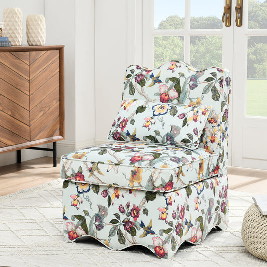Light blue accent chair with vibrant floral and bird print a stylish statement piece