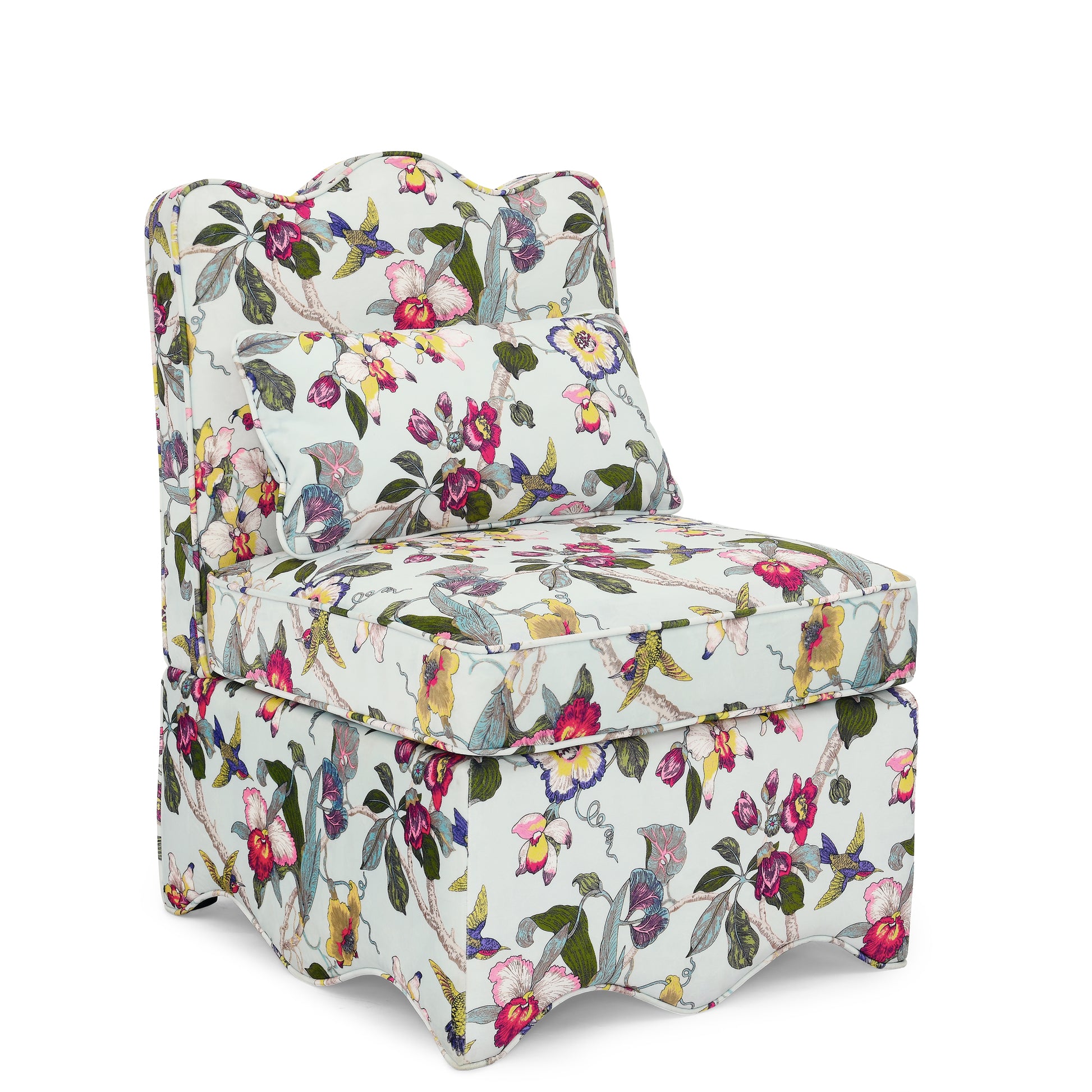 Light blue upholstered accent chair with a vibrant floral and bird pattern adding charm to any room