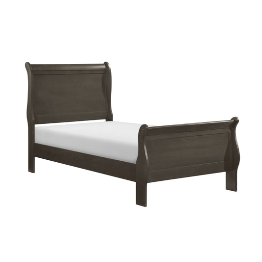 Dark espresso wooden sleigh bed frame with a white mattress on a clean white background