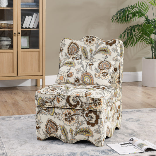 Accent chair with cream and brown paisley pattern upholstery suitable for living rooms