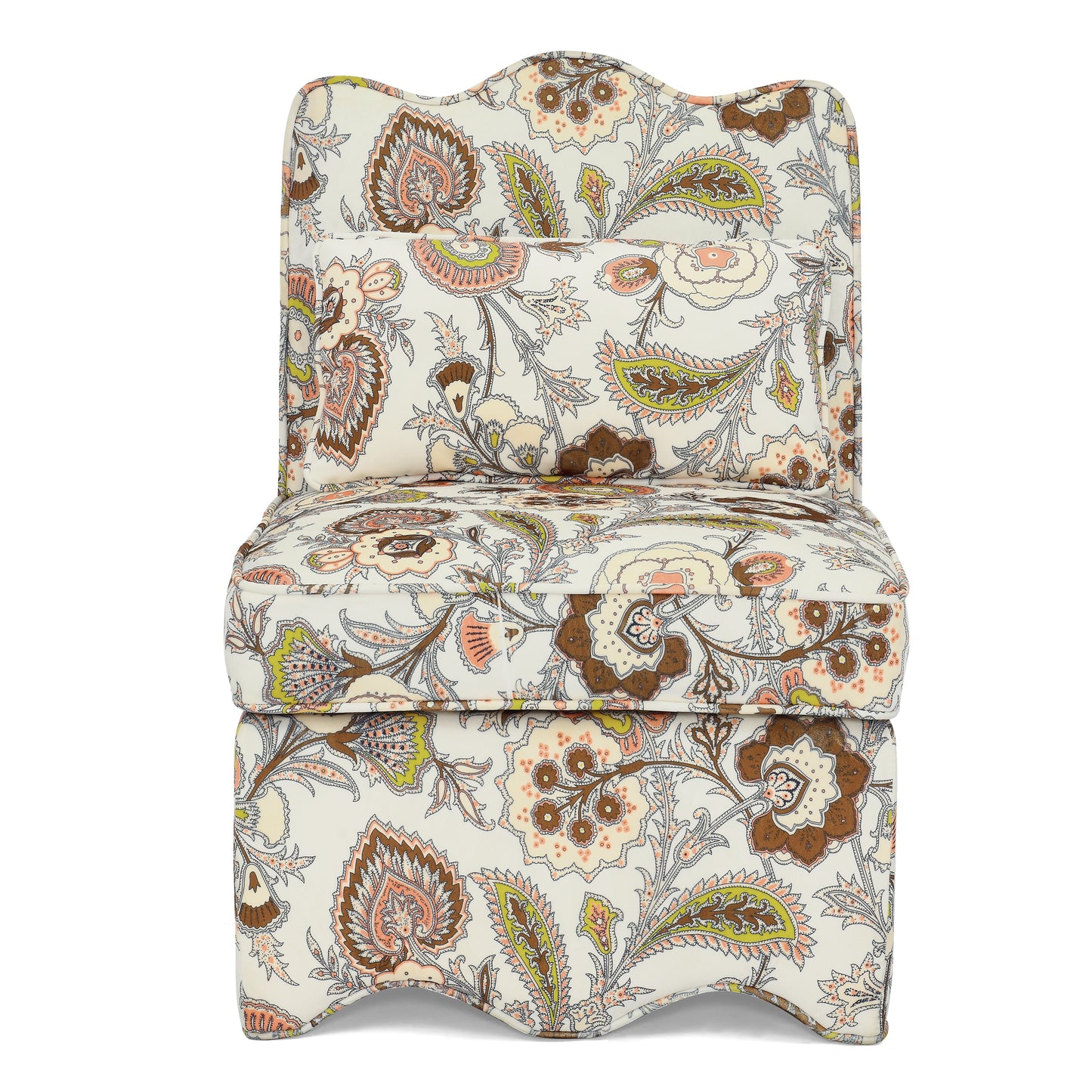 Cream upholstered accent chair with a detailed paisley floral pattern in brown pink and green