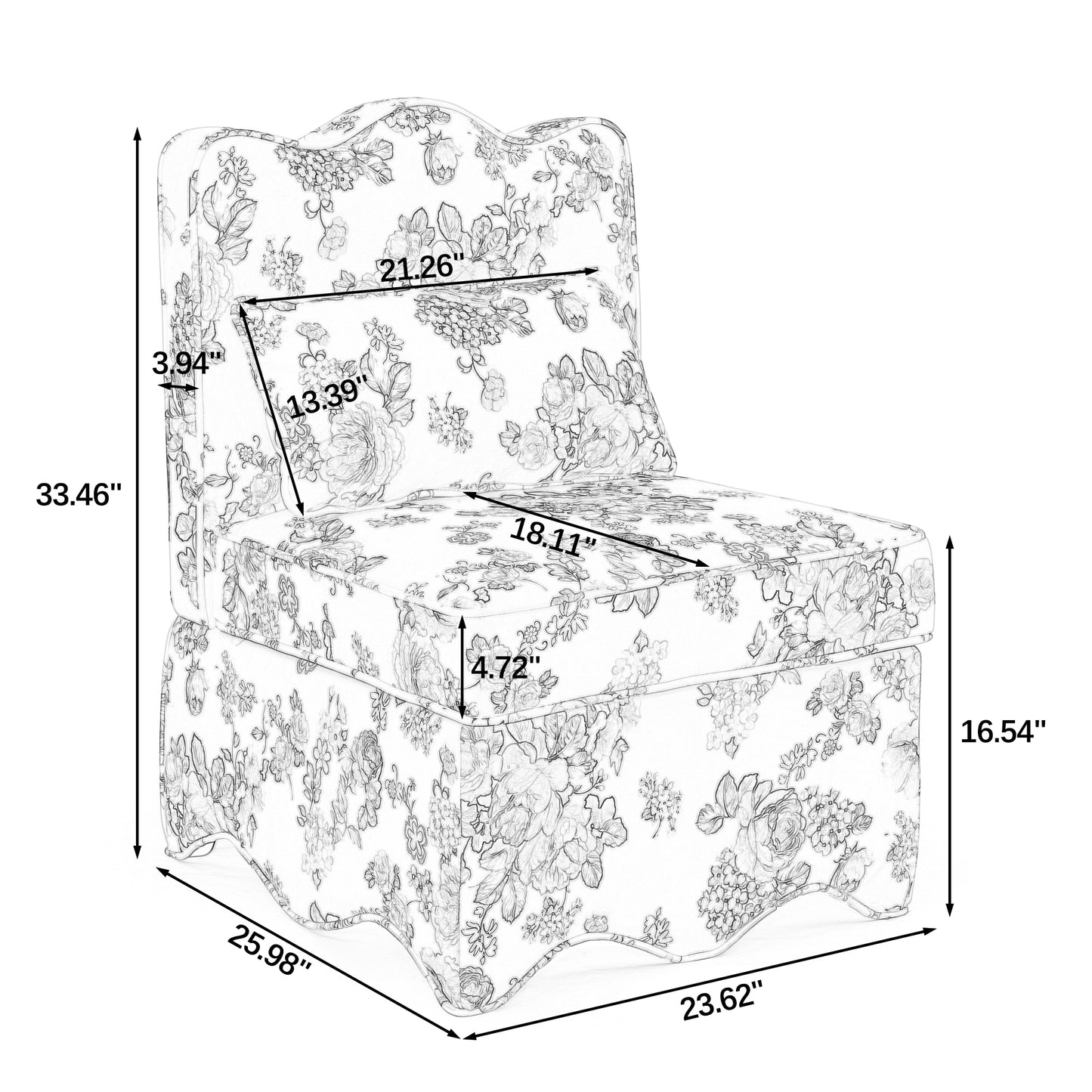 Floral accent chair with skirted base and scalloped back