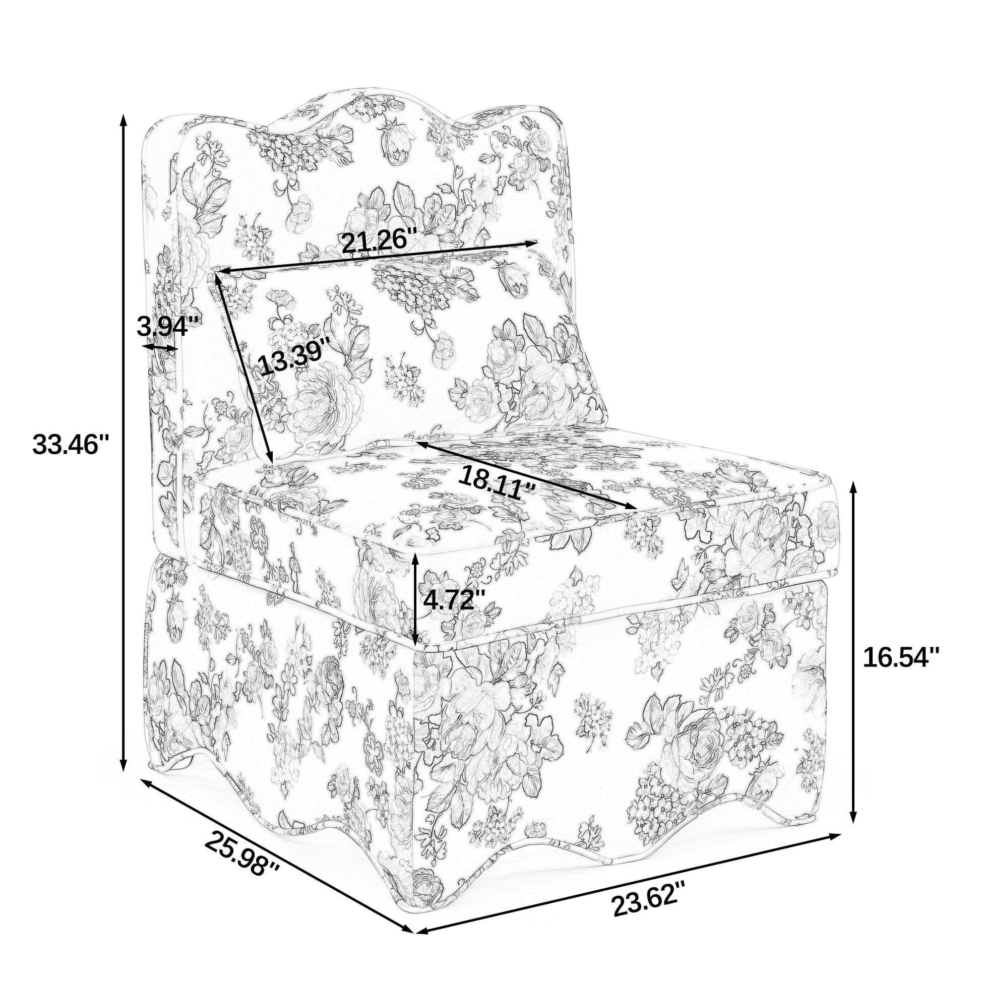 Floral accent chair with skirted base and scalloped back