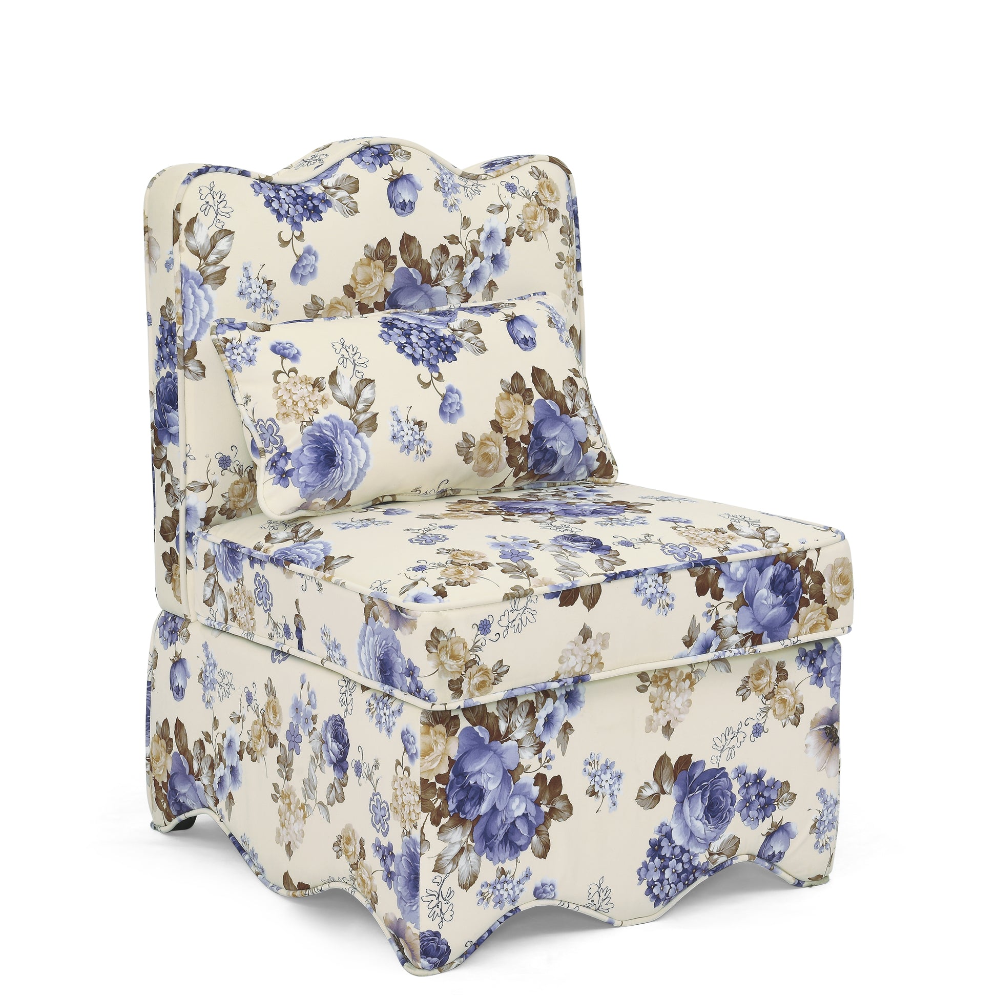 Cream accent chair with blue and tan floral print featuring rolled arms and a matching lumbar pillow