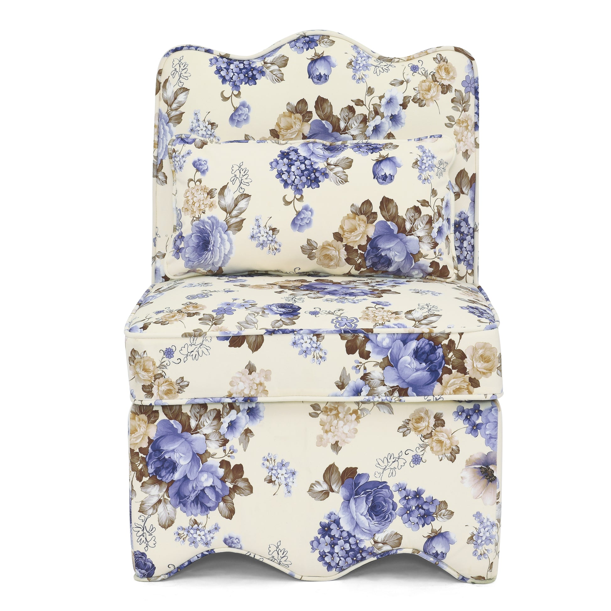 Cream accent chair with vintage blue floral upholstery featuring a padded seat and back