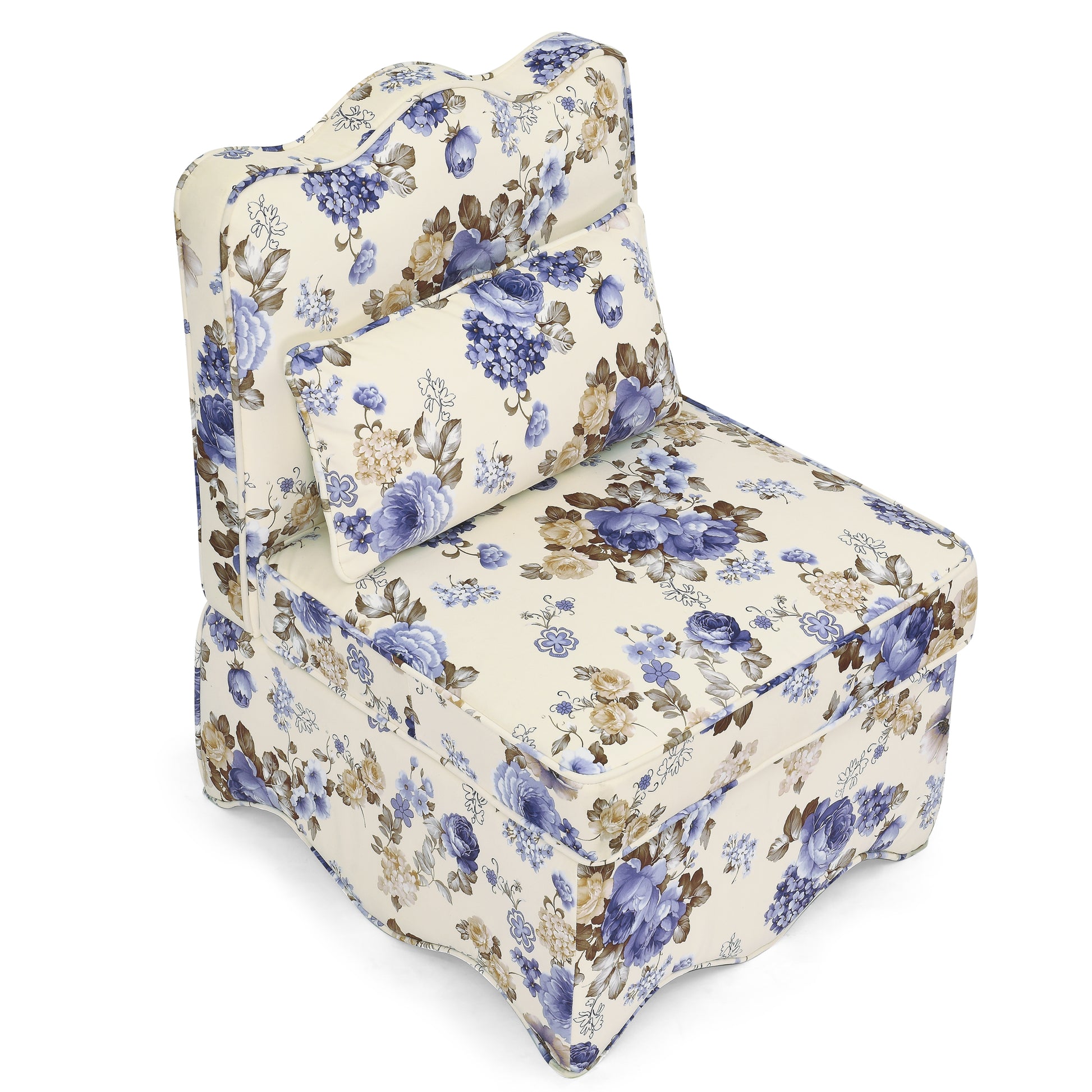 Cream accent chair with blue and brown floral print fabric and lumbar pillow